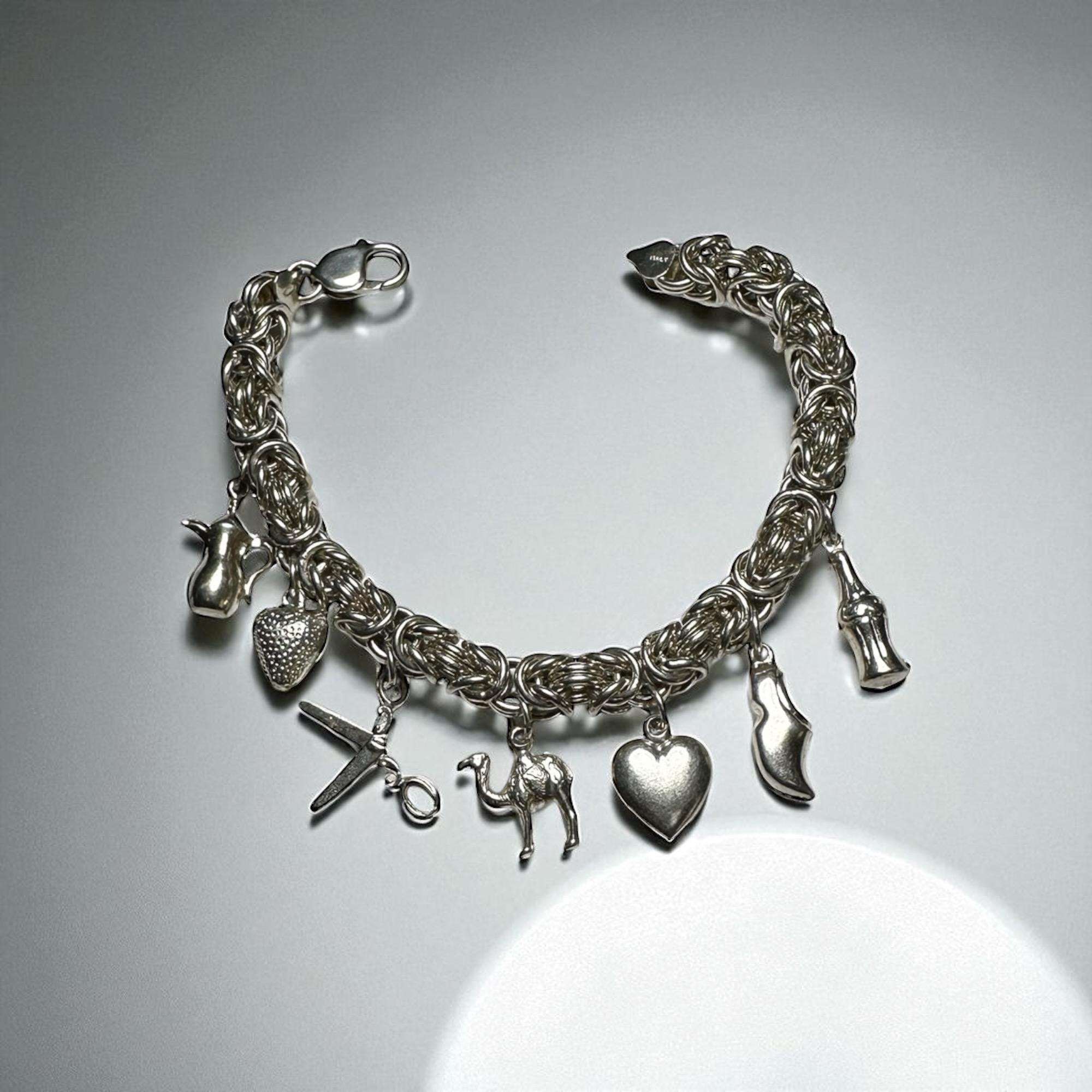 Vintage Sterling Silver Byzantine Bracelet with Charms: Soda, Shoe, Heart, Camel
