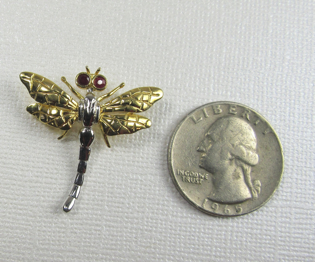 Vintage 14K Gold Dragonfly Brooch with Ruby Eyes
