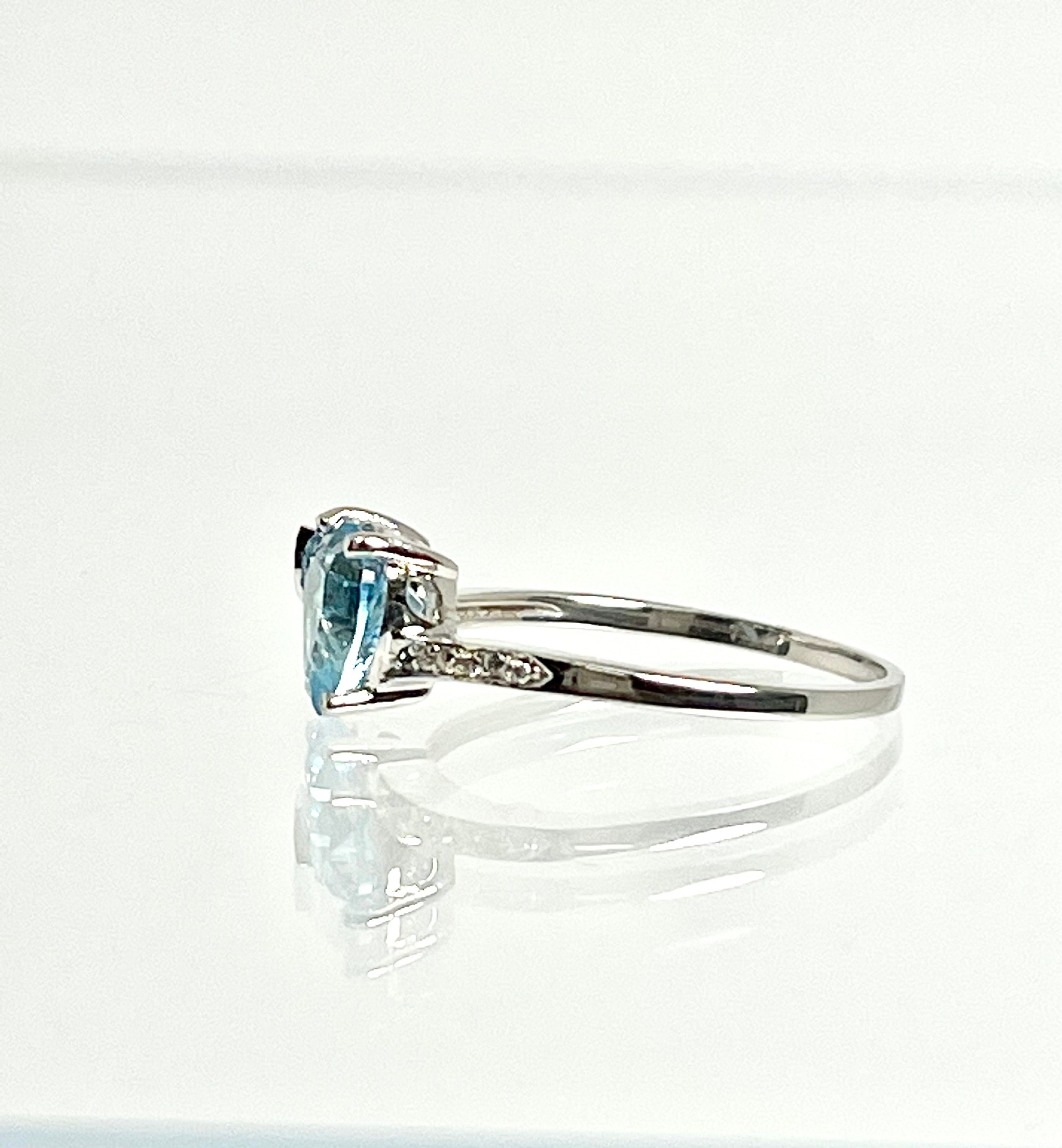 14K White Gold Heart Blue Topaz Ring with Diamond Accents