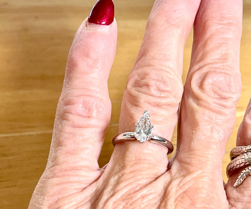 Diamond Engagement Ring-14 Karat White Gold Genuine Pear Shape Diamond-Estate Solitaire Style Ring