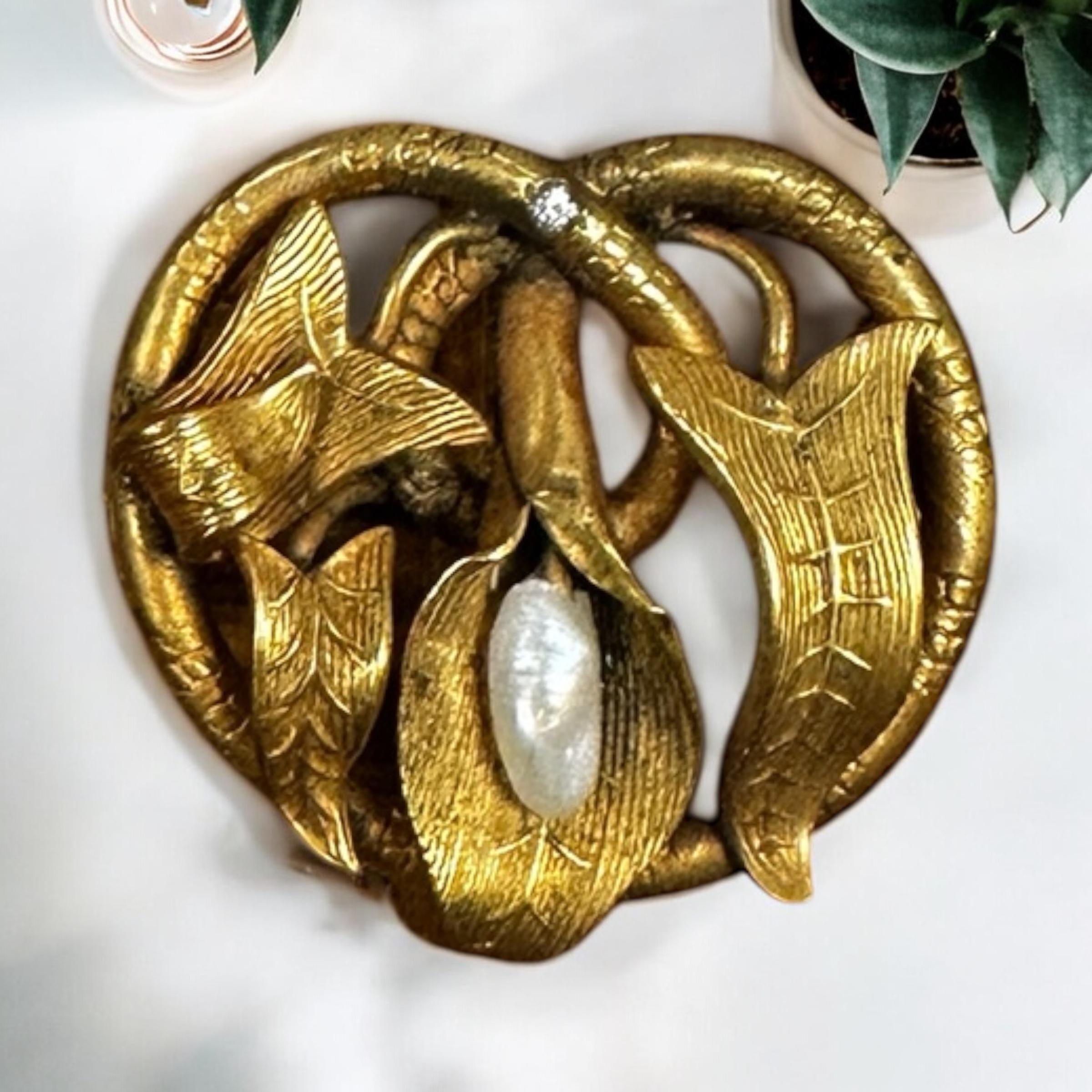 Vintage Art Nouveau Gold Filled Watch Pin with Freshwater Pearl & Rhinestone