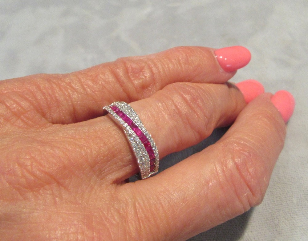 Vintage White Gold Ruby and Diamond Stackable Ring or Wedding Band