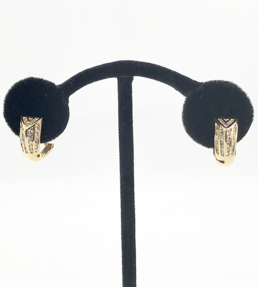 Vintage 14K Yellow Gold Diamond Earrings: Geometric Channel Set Clip Ons