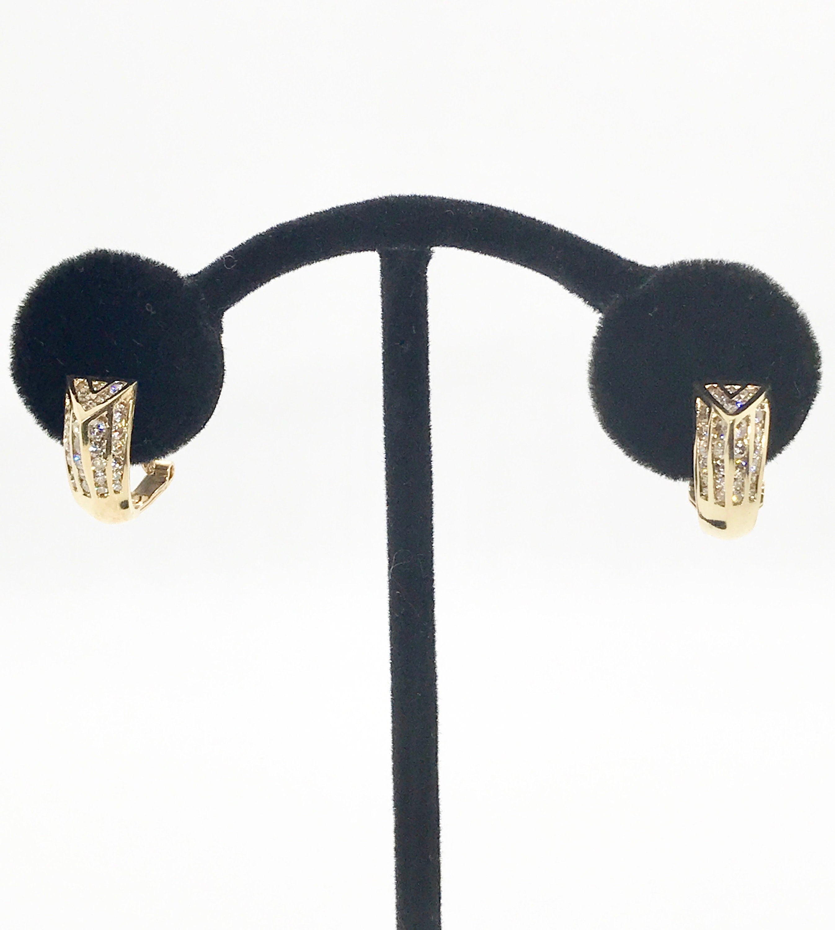 Vintage 14K Yellow Gold Diamond Earrings: Geometric Channel Set Clip Ons