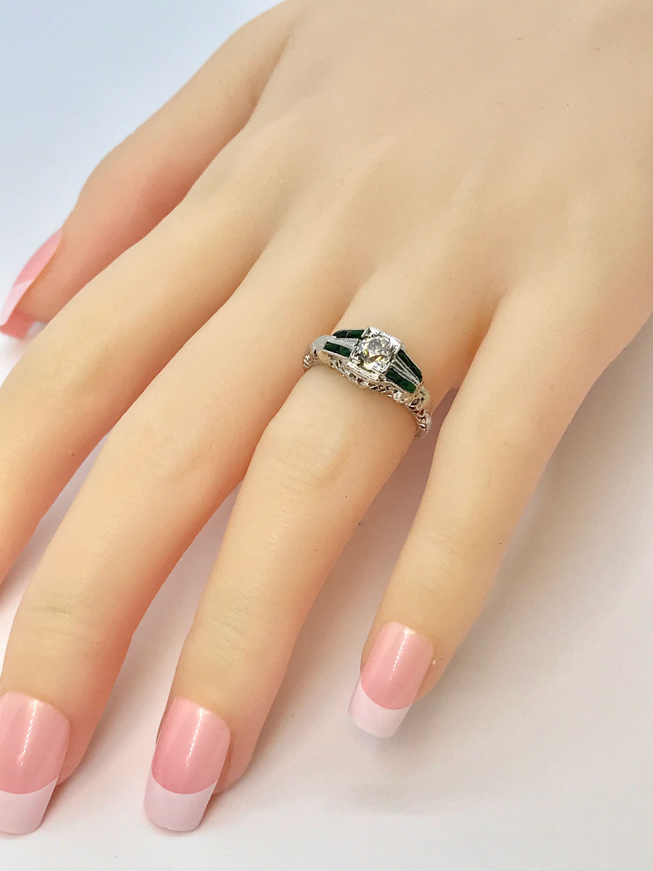 White Gold Diamond and Synthetic Emerald Filigree Engagement Ring