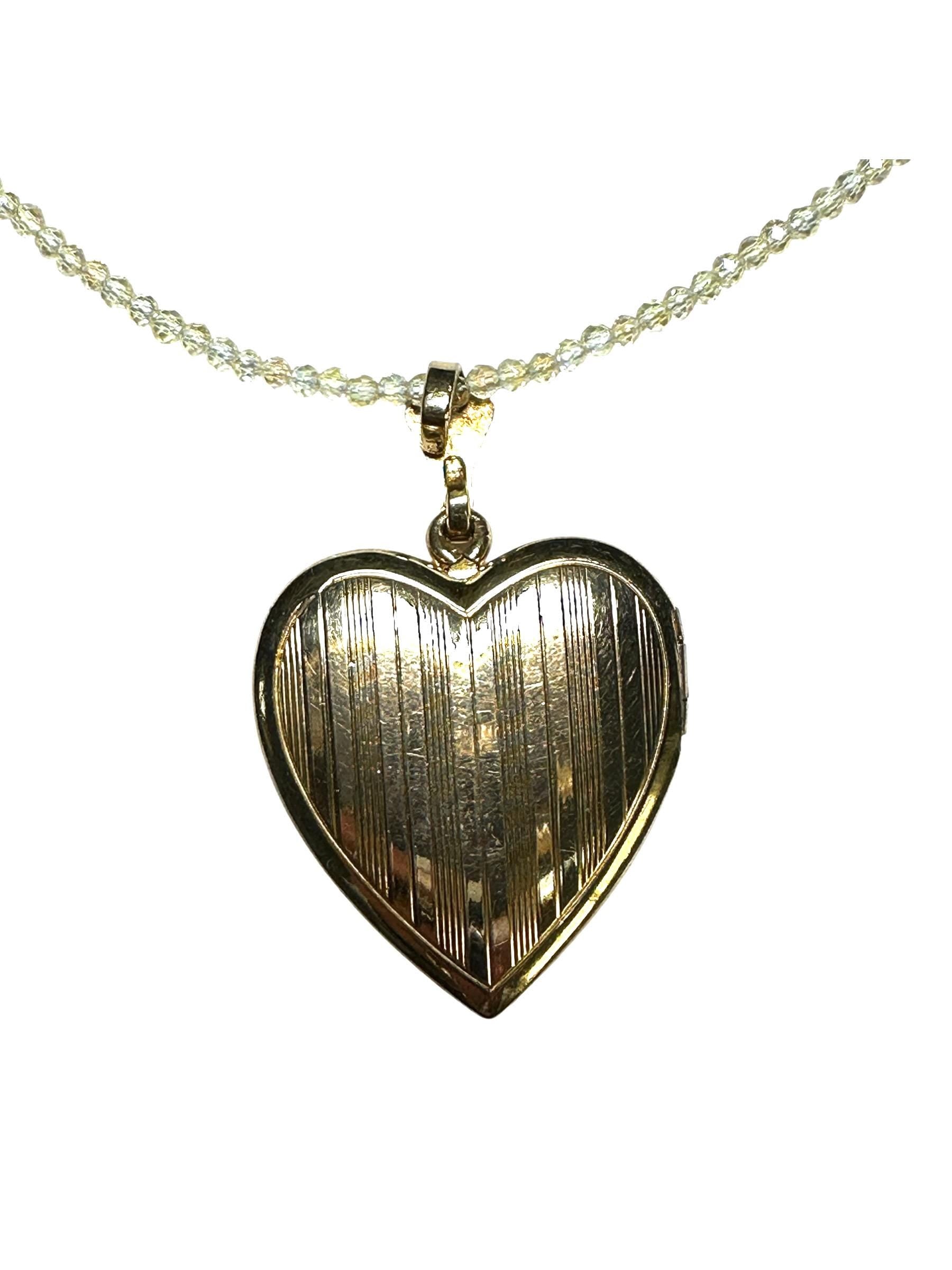 Vintage Gold-Filled Engraved Heart Locket Necklace Suspended by Quartz Crystal