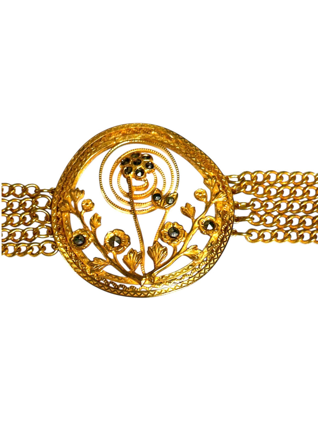 Gold Tone Marcasite Chain Bracelet with Center Flower Design and Scroll Design Clasp