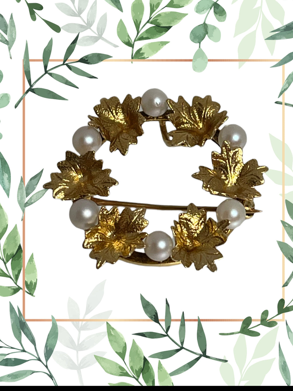 14k Gold Leaf Wreath Brooch: Vintage Cultured Pearl Pin/Pendant