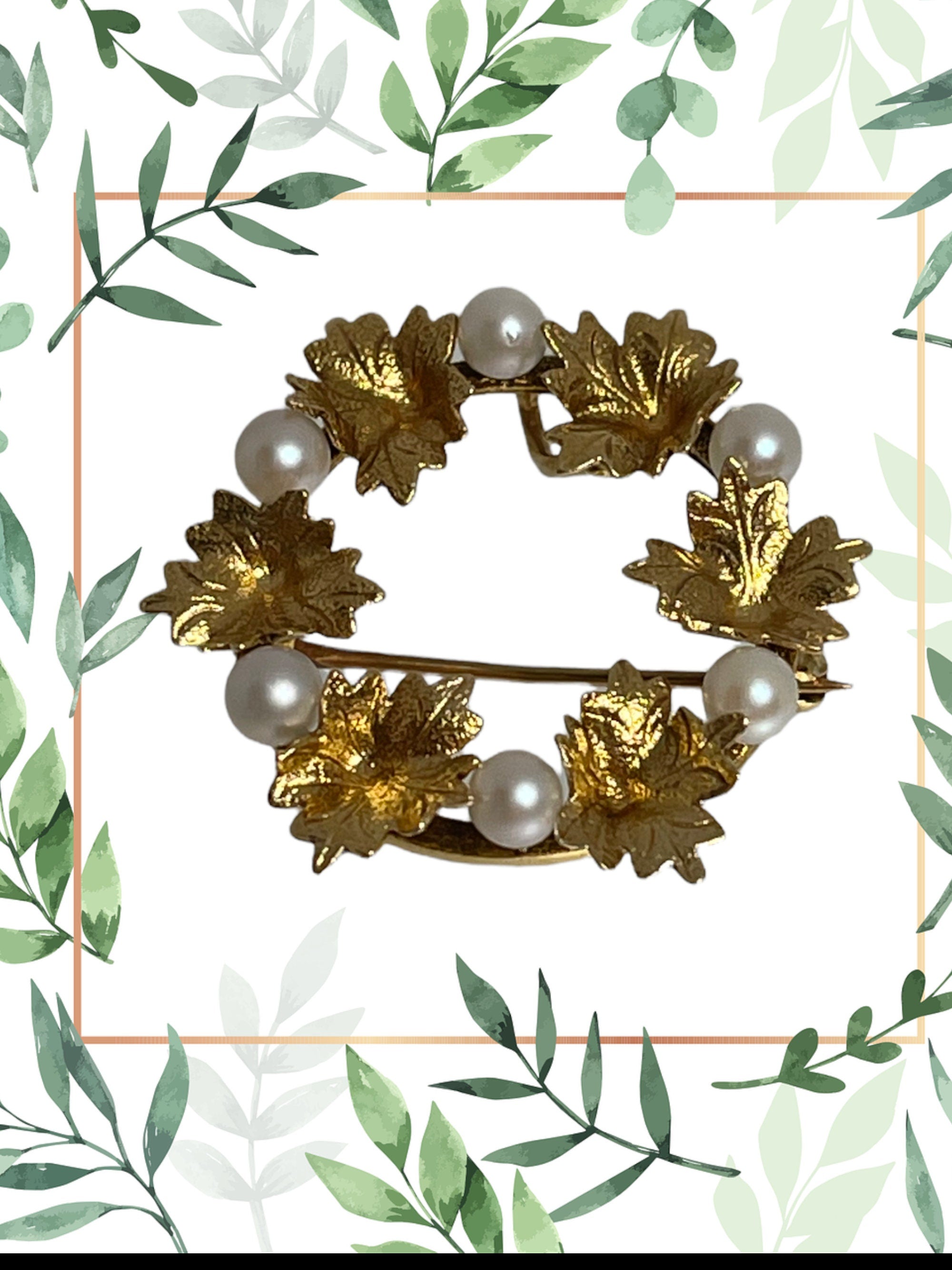 14k Gold Leaf Wreath Brooch: Vintage Cultured Pearl Pin/Pendant