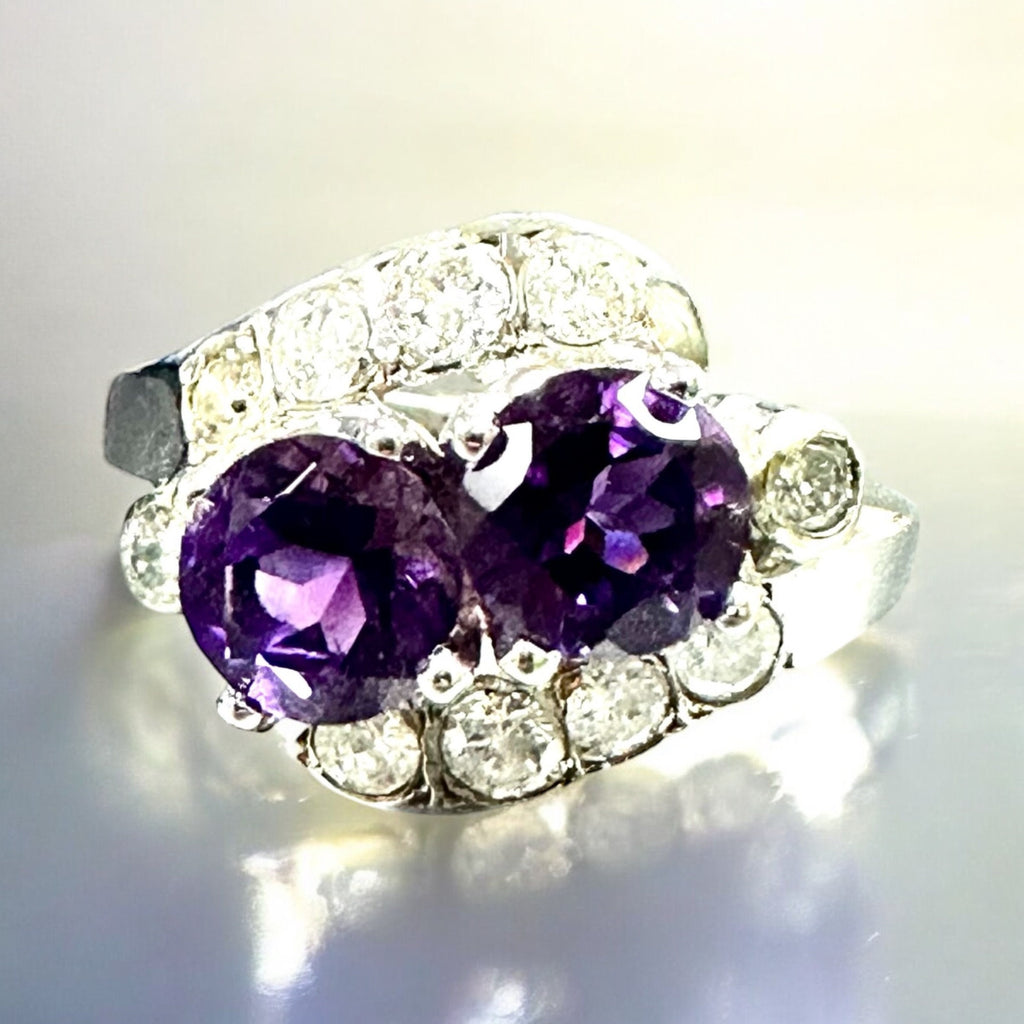 Elegant Ladies White Gold Diamond Amethyst Statement Ring