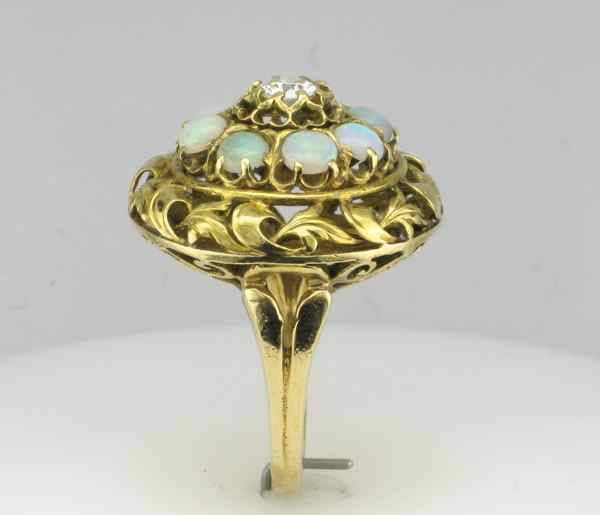 Yellow Gold Opal Diamond Ring: Floral Estate Jewelry