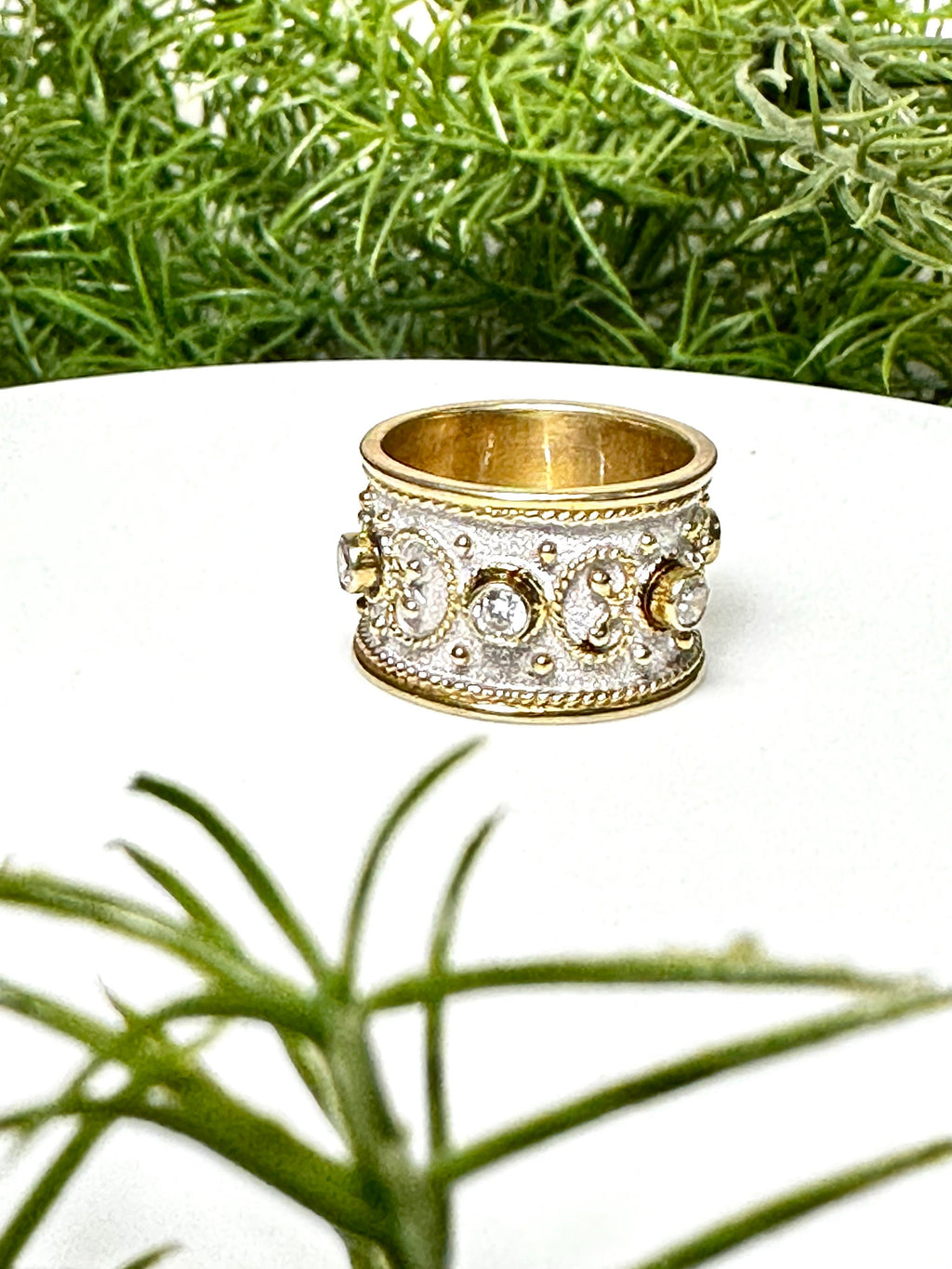 Hand Crafted Sterling Silver Ring with Gold Plated Accents and Cubic Zirconia