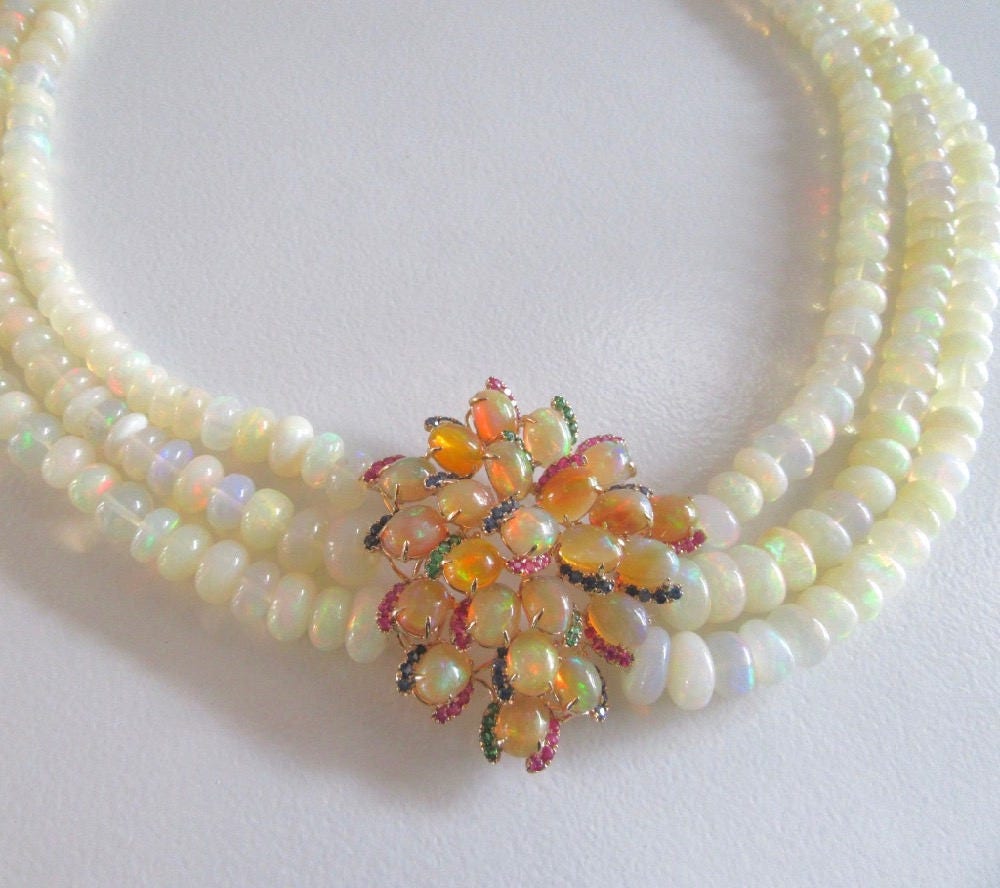 Triple Strand Opal Necklace: Sapphire, Ruby, Emerald & Diamond Clasp