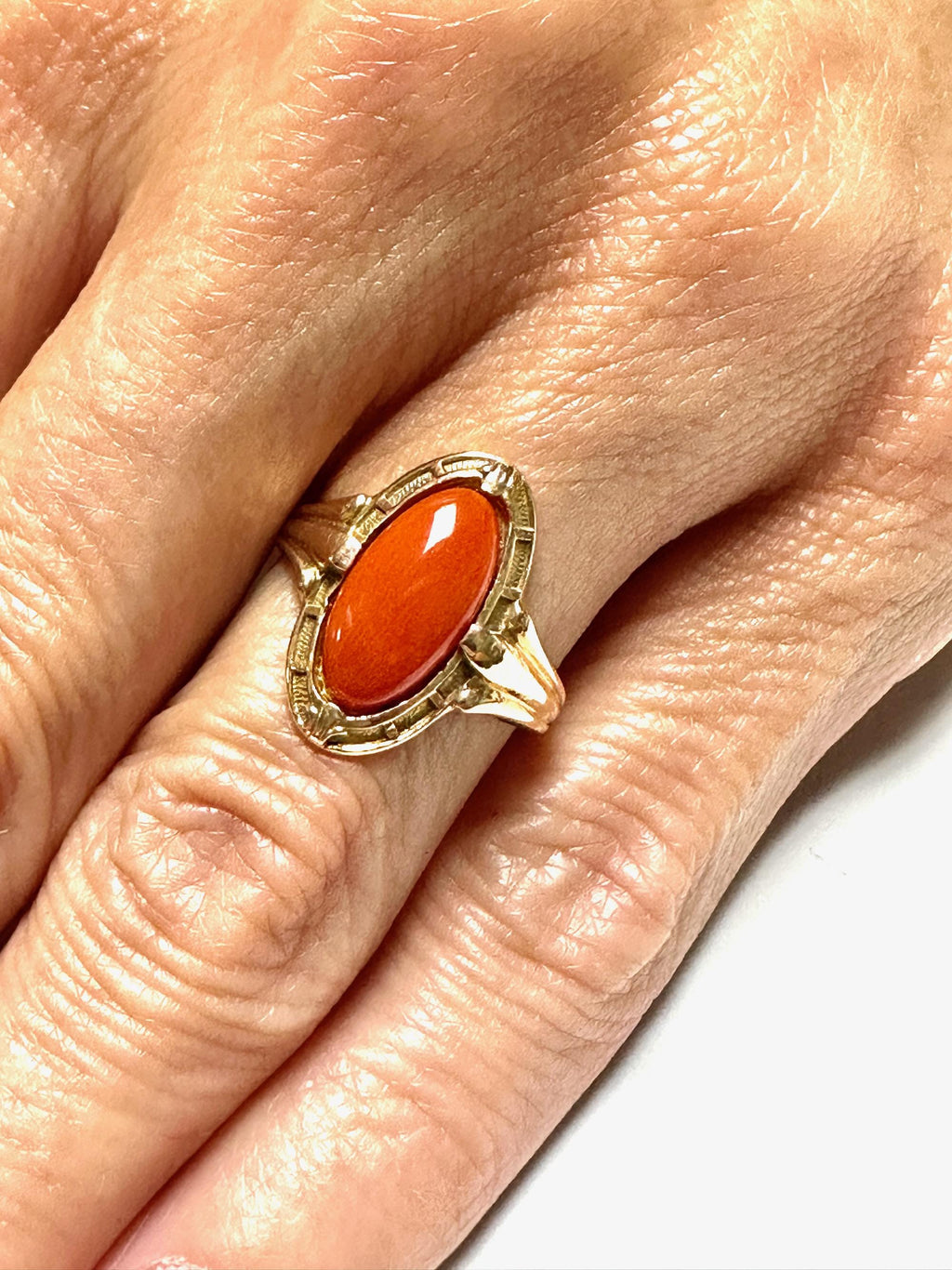Edwardian Coral Ring: 10k Yellow Gold, Antique Right Hand Ring