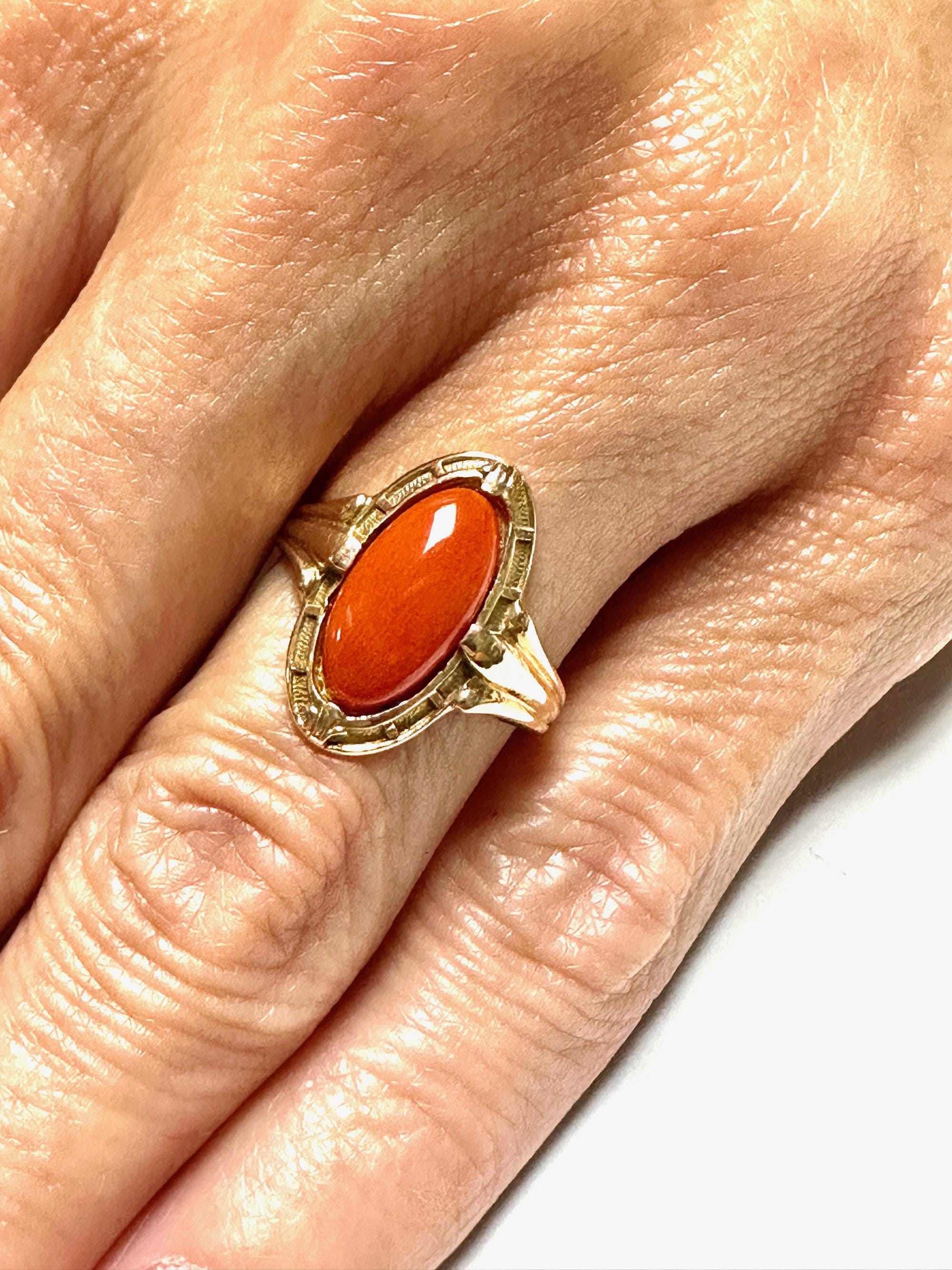 Edwardian Coral Ring: 10k Yellow Gold, Antique Right Hand Ring