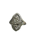 18K White Gold Diamond Filigree Ring: Edwardian Antique Jewelry