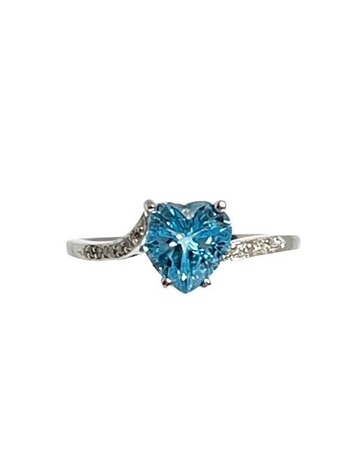 14K White Gold Heart Blue Topaz Ring with Diamond Accents