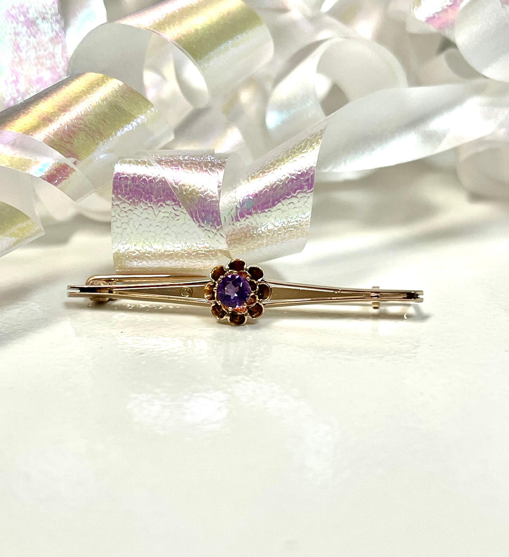 Antique 14k Yellow Gold Amethyst Bar Pin Brooch