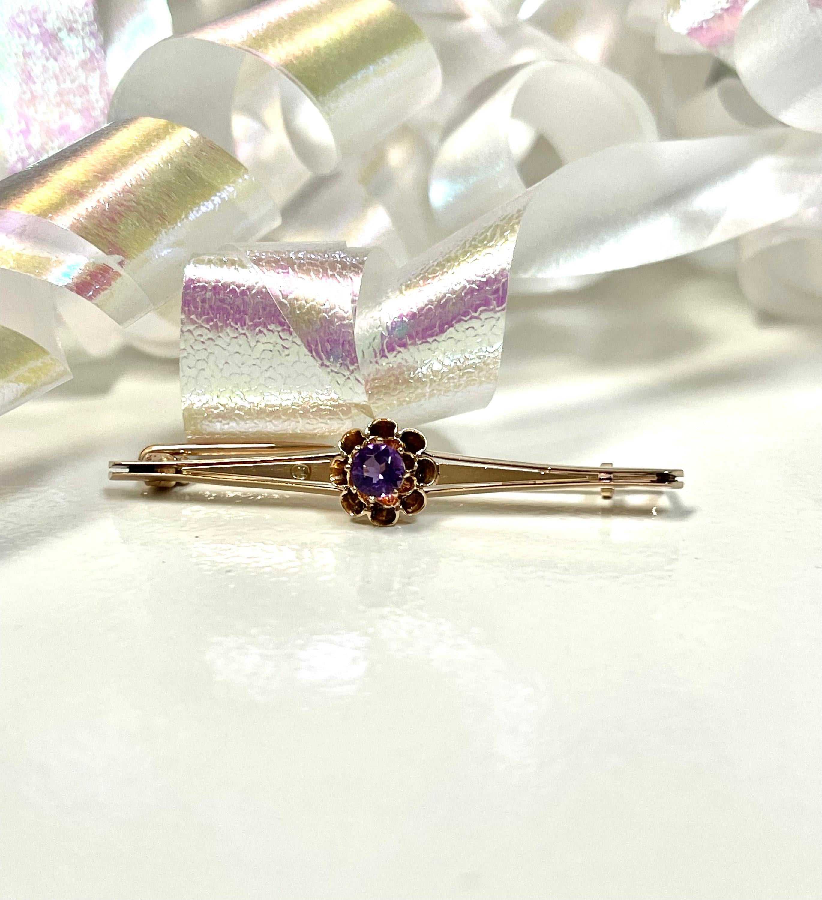 Antique 14k Yellow Gold Amethyst Bar Pin Brooch
