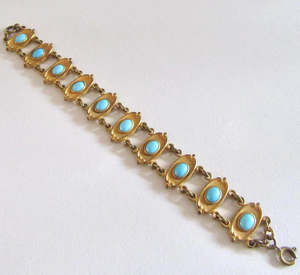 Gold Tone Art Nouveau Bracelet with Faux Turquoise