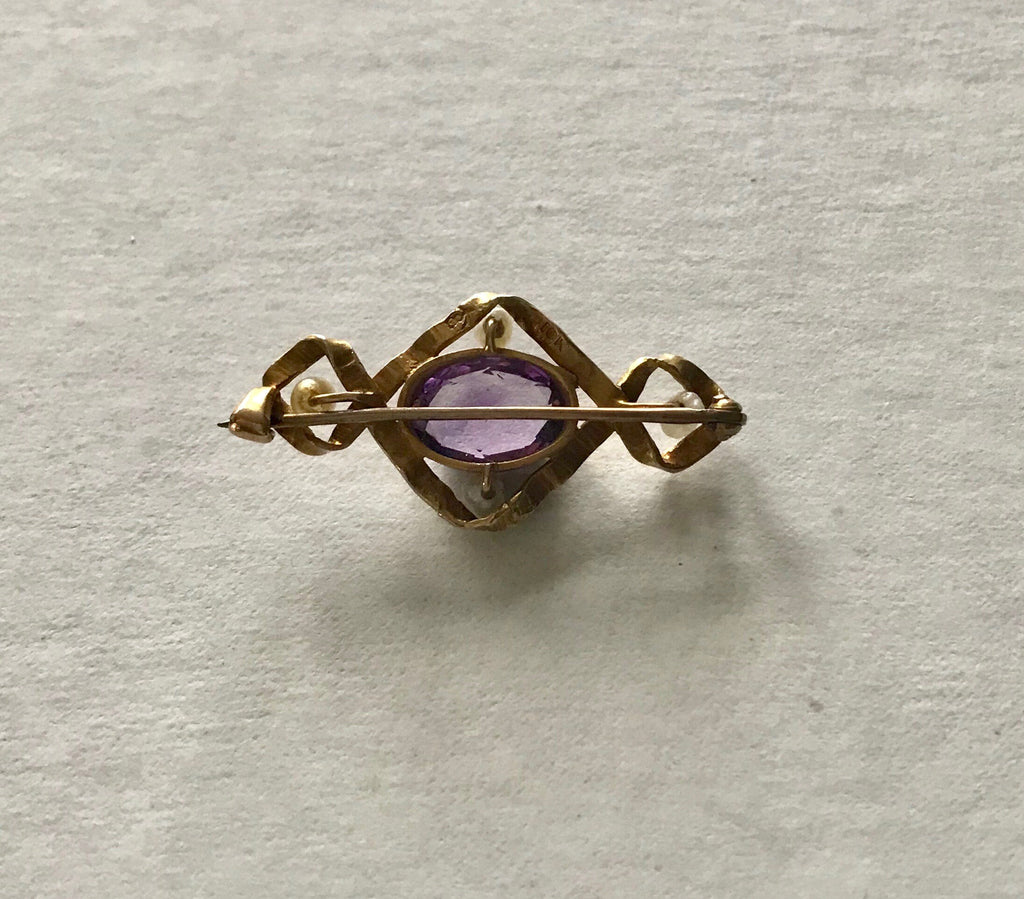 Antique 10K Gold Amethyst Pin with Baroque Pearls