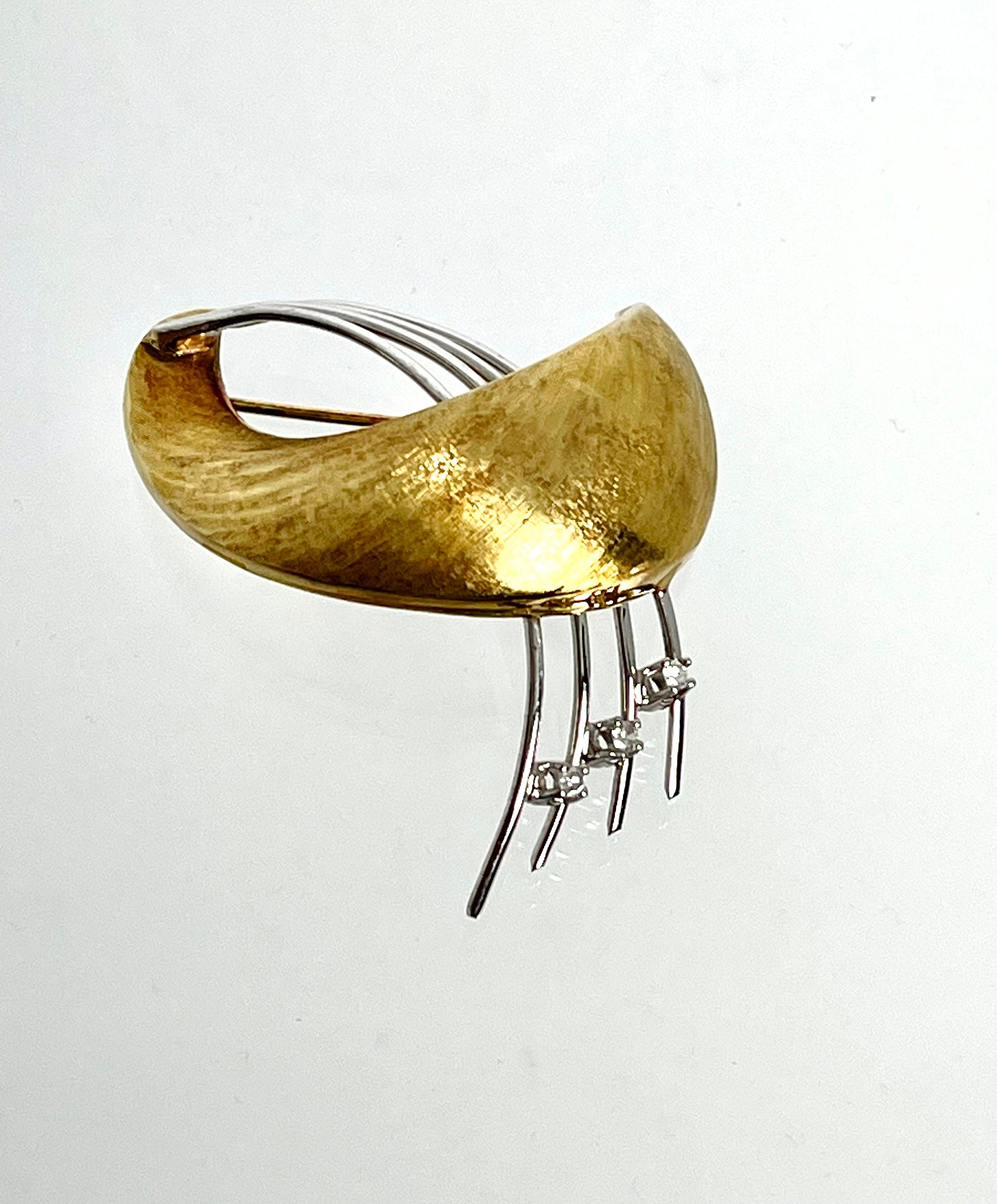 Vintage Yellow and White Gold Diamond Brooch, Free Form Pin