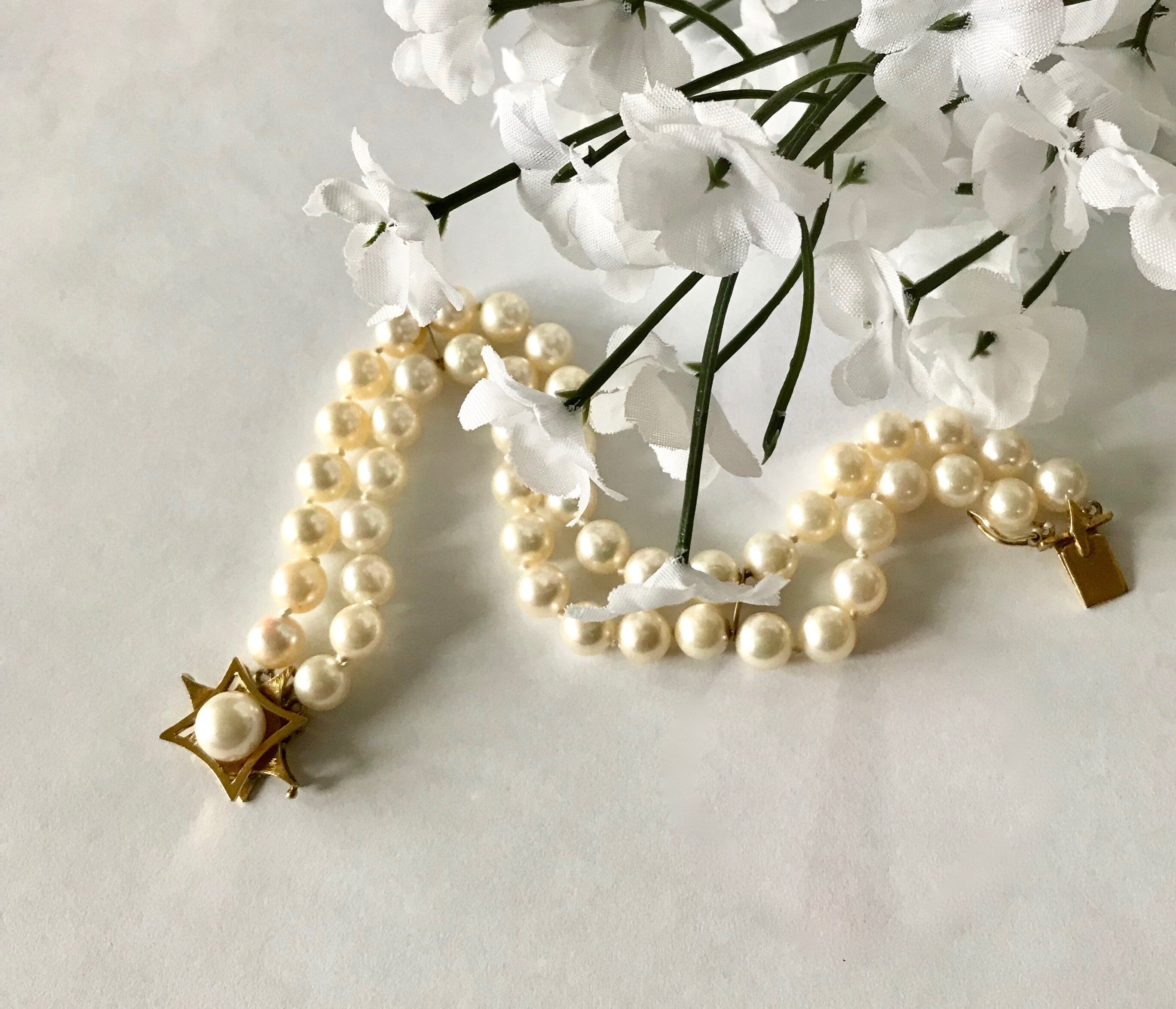 Vintage 14K Gold Double Strand Pearl Bracelet: 6.5-7mm Cultured Pearls