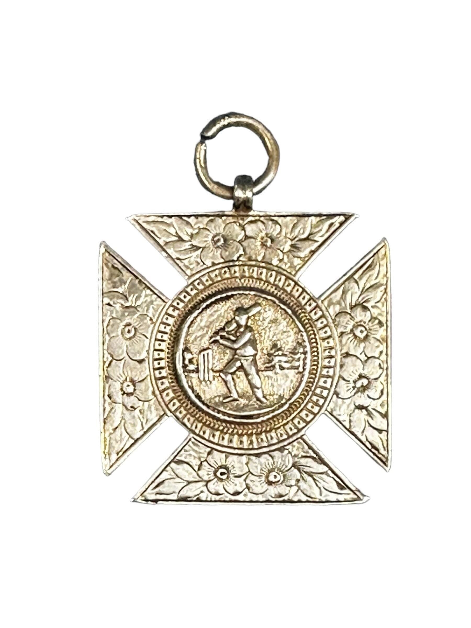 Sterling Silver Hallmarked Cricket Medal with Floral Accent