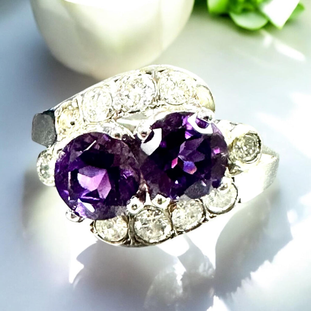 Elegant Ladies White Gold Diamond Amethyst Statement Ring