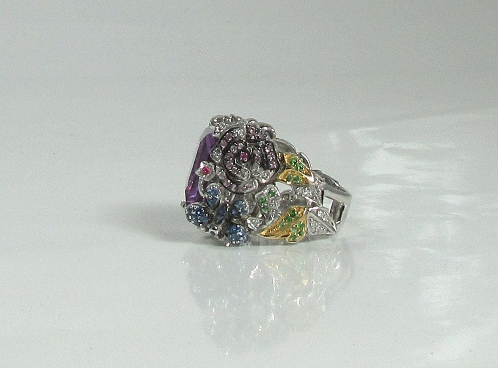 18K White Gold Amethyst Cocktail Ring: Sapphire, Ruby, Diamond Butterfly Flower Ring