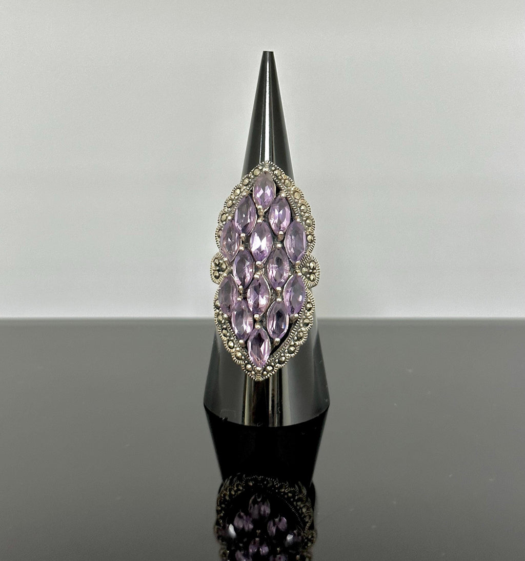 Sterling Silver Amethyst Marcasite Ring - Statement Ring Size 7.5