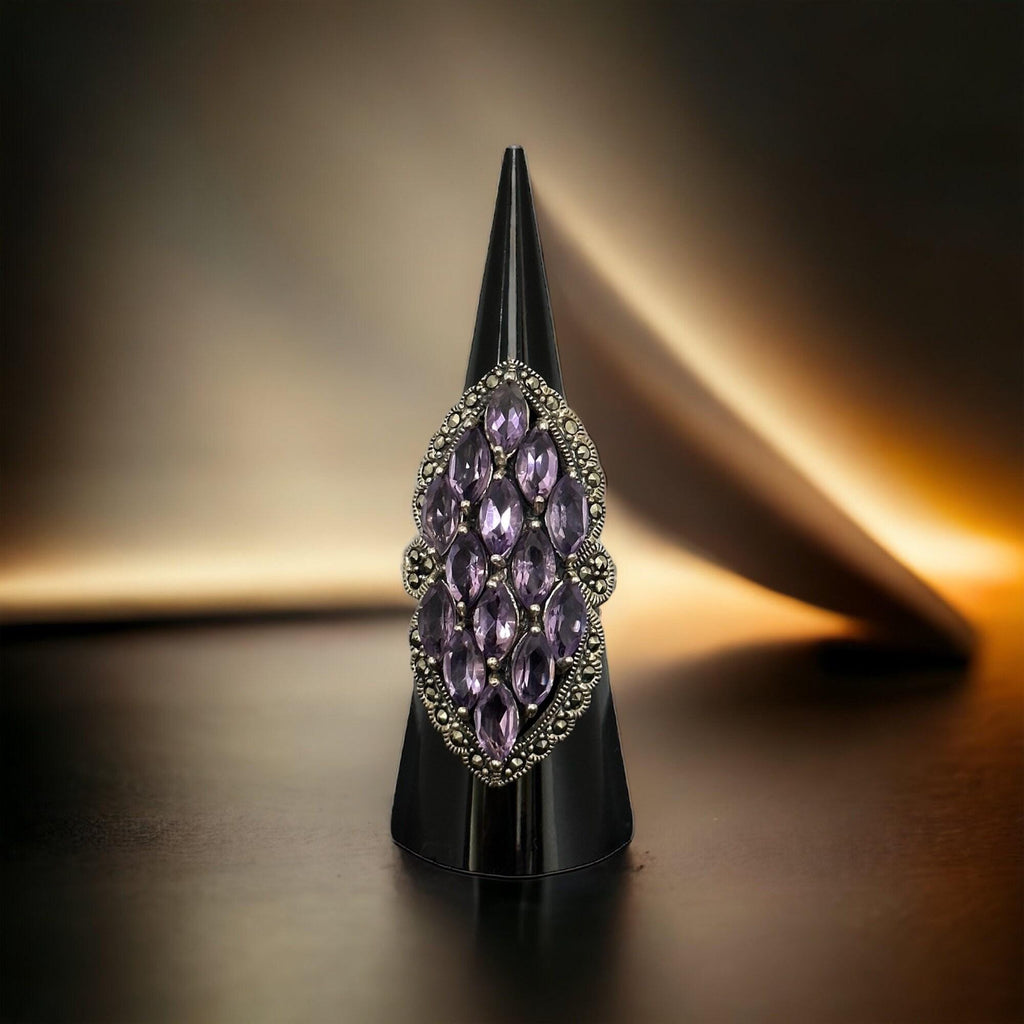 Sterling Silver Amethyst Marcasite Ring - Statement Ring Size 7.5