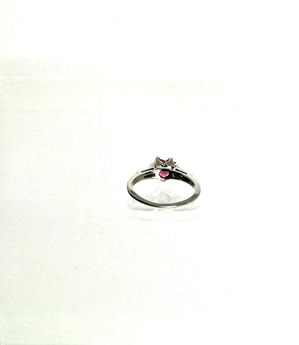 Unique 14K White Gold Heart Shaped Pink Tourmaline Ring with Baguette Diamond Accents
