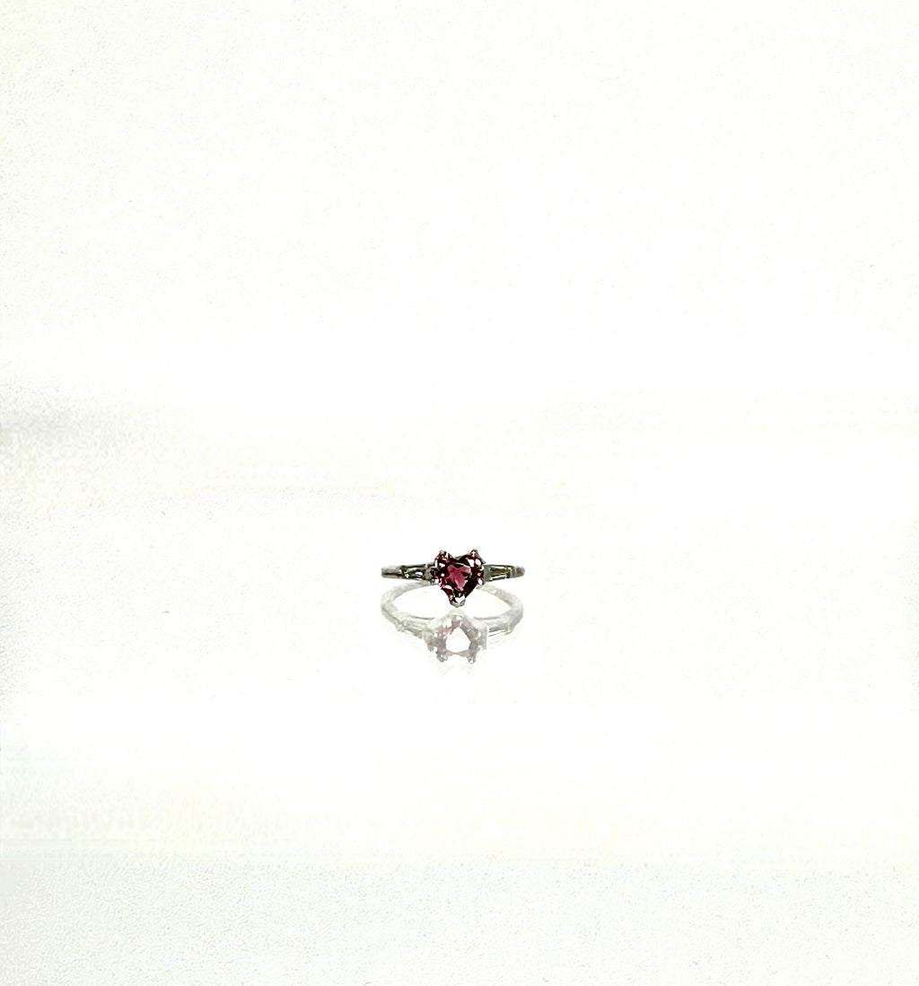 Unique 14K White Gold Heart Shaped Pink Tourmaline Ring with Baguette Diamond Accents