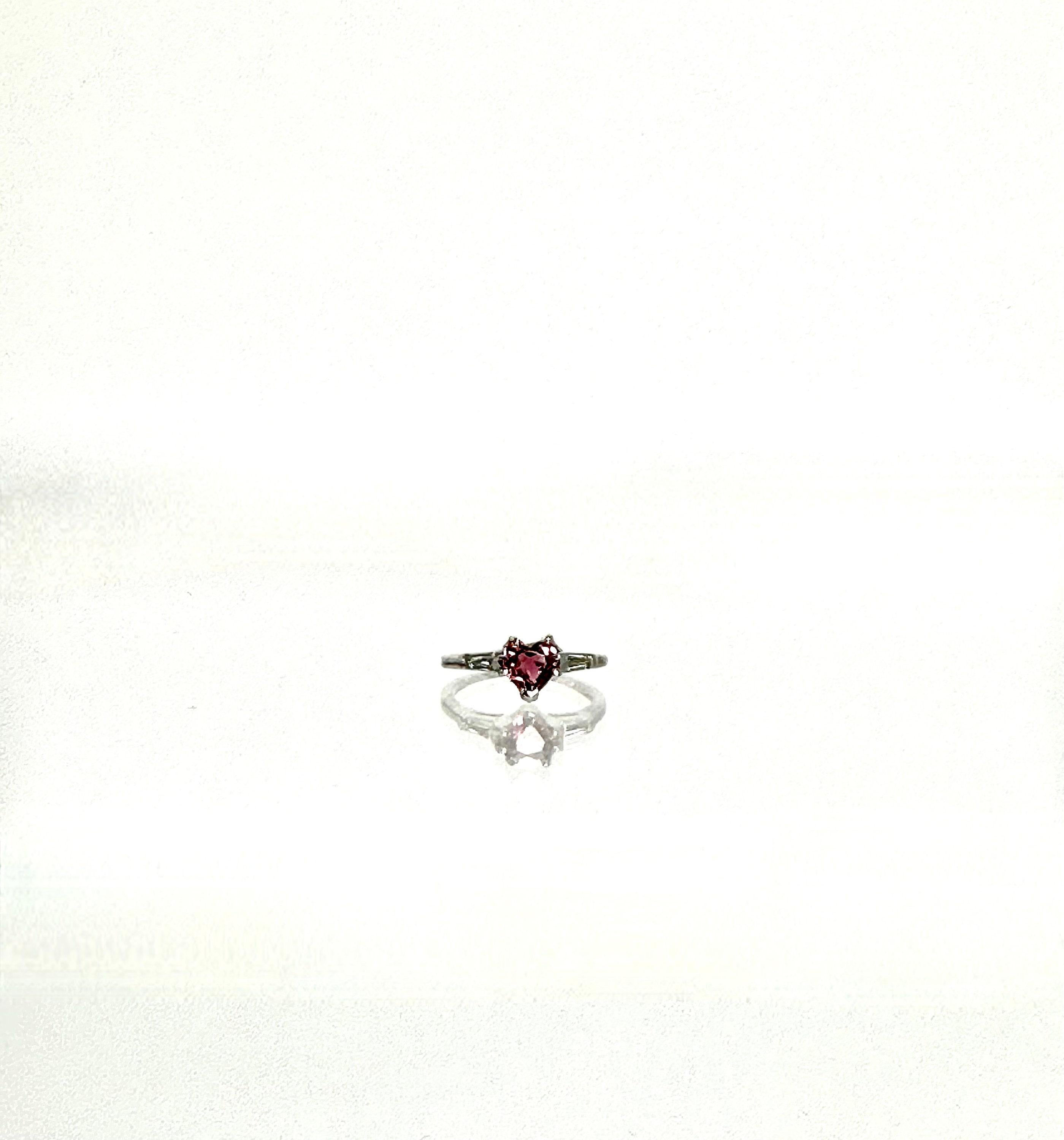 Unique 14K White Gold Heart Shaped Pink Tourmaline Ring with Baguette Diamond Accents