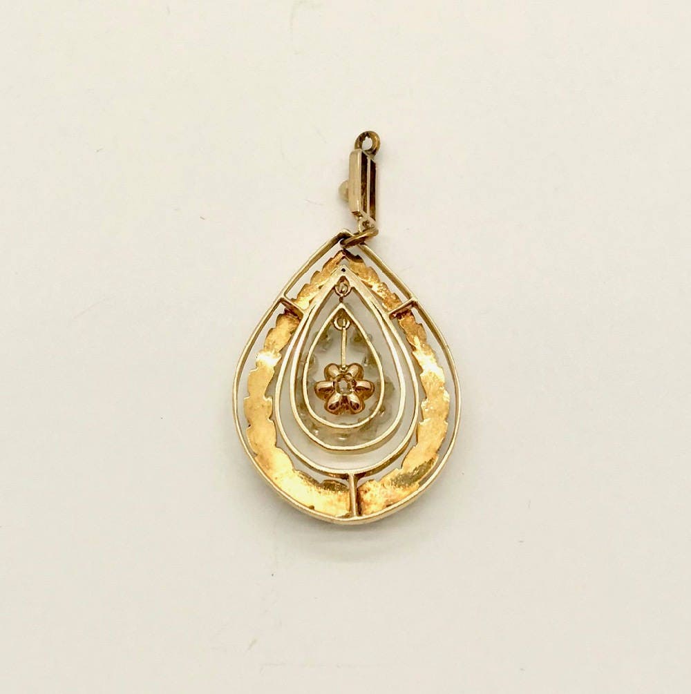 Elegant 14K Yellow & Green Gold Diamond Pearl Pendant, Antique Edwardian Jewelry