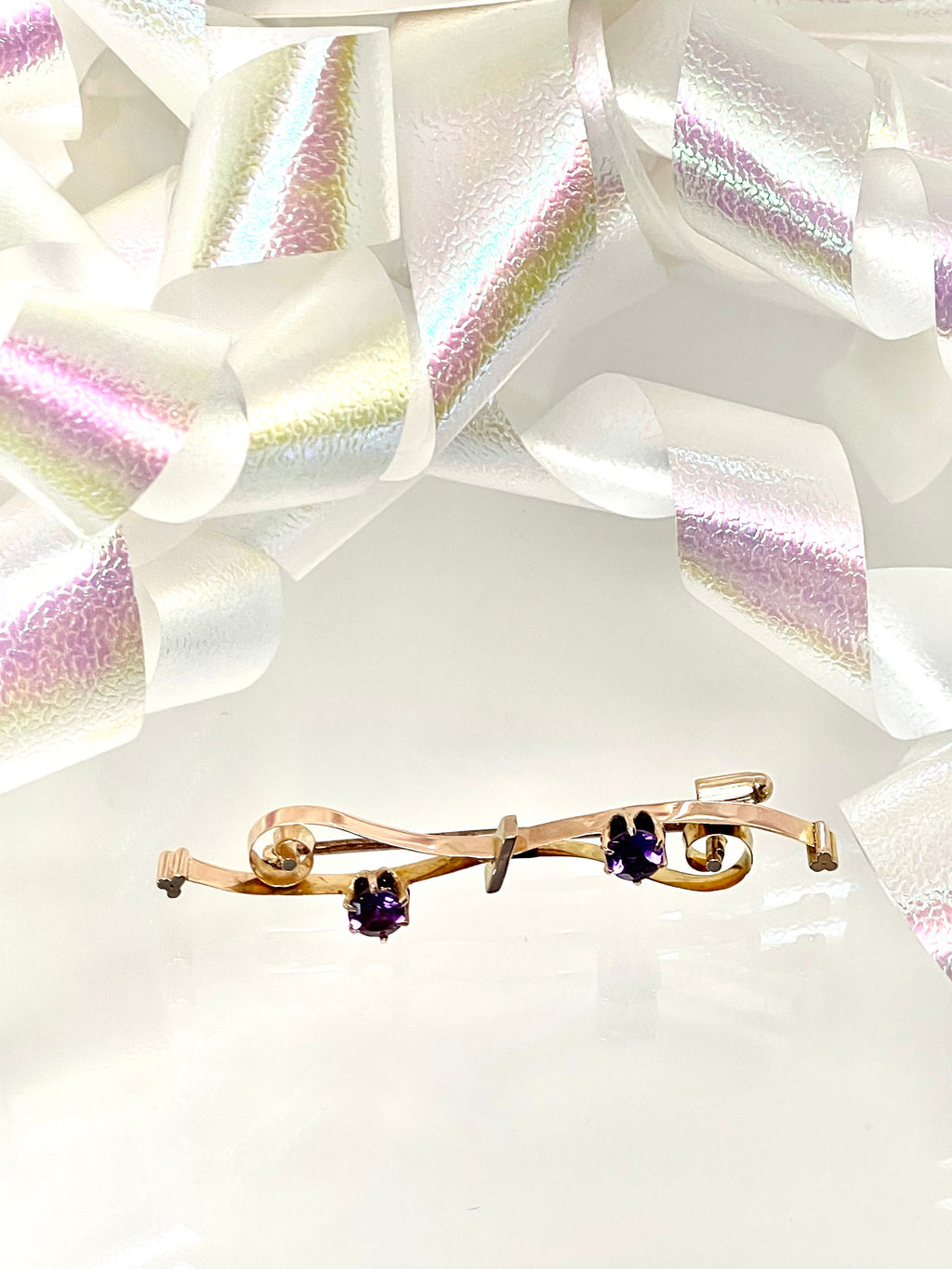 Antique 10k Gold Amethyst Bar Pin: Scrollwork Brooch