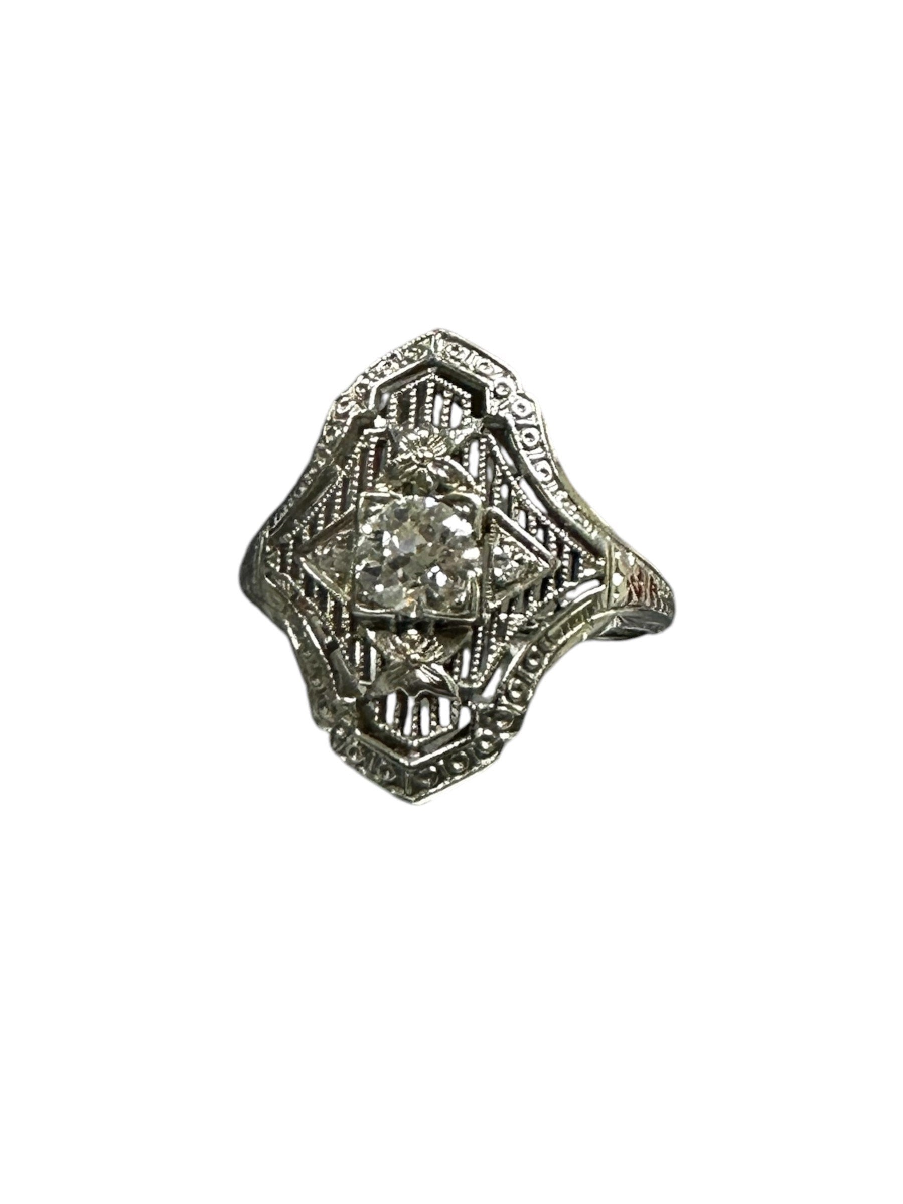 18K White Gold Diamond Filigree Ring: Edwardian Antique Jewelry