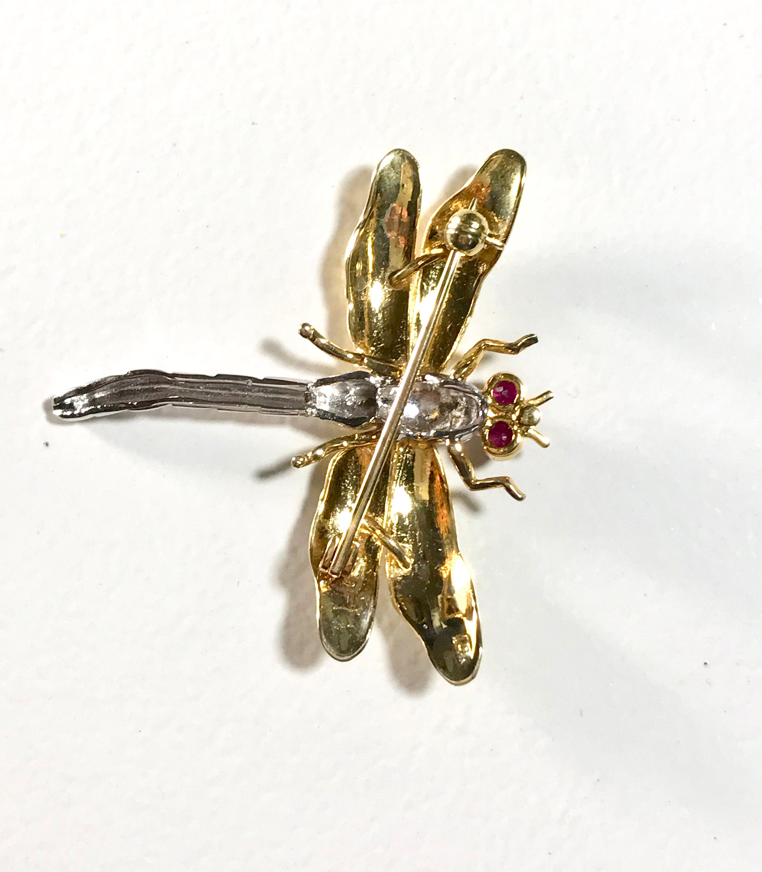 Vintage 14K Gold Dragonfly Brooch with Ruby Eyes