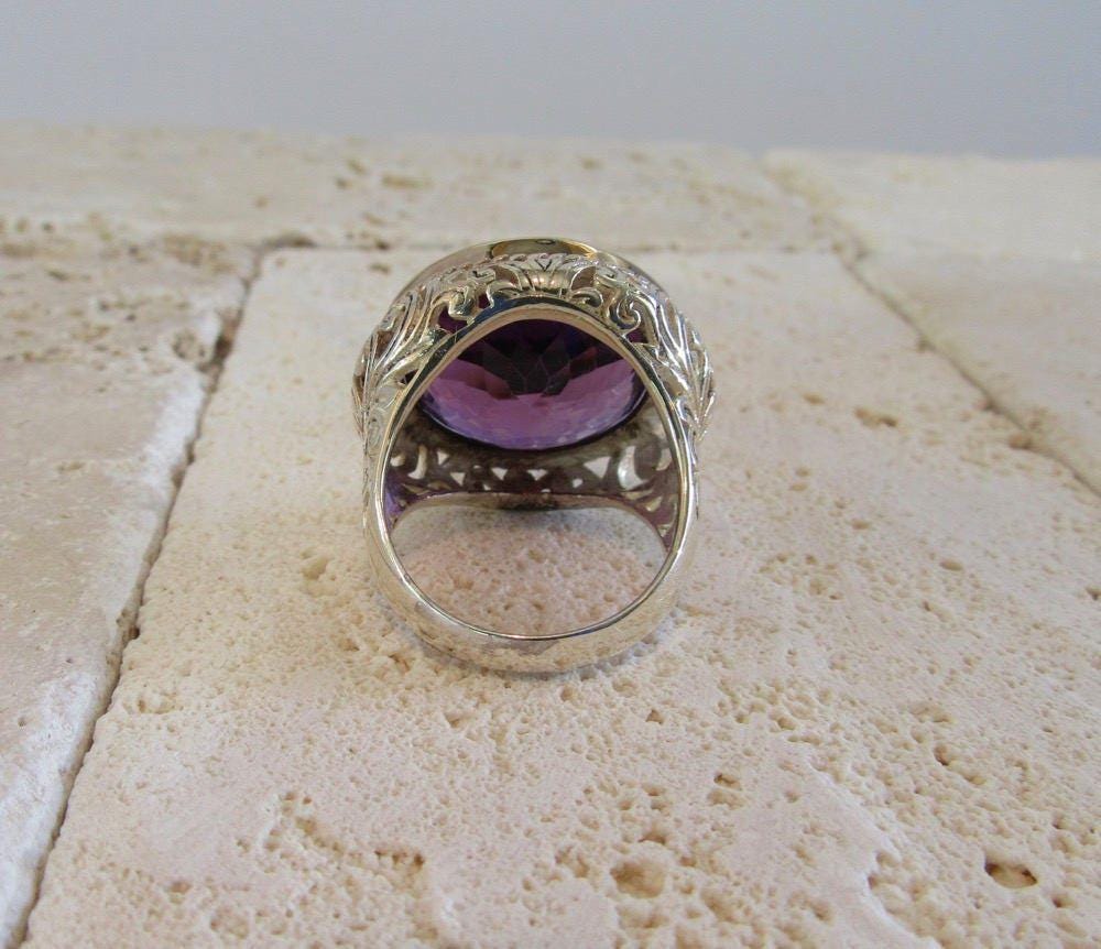Sterling Silver Amethyst Filigree Ring, Sterling Ring with Gold Wash, February Birthstone, Birthstone Ring, Statement Ring
