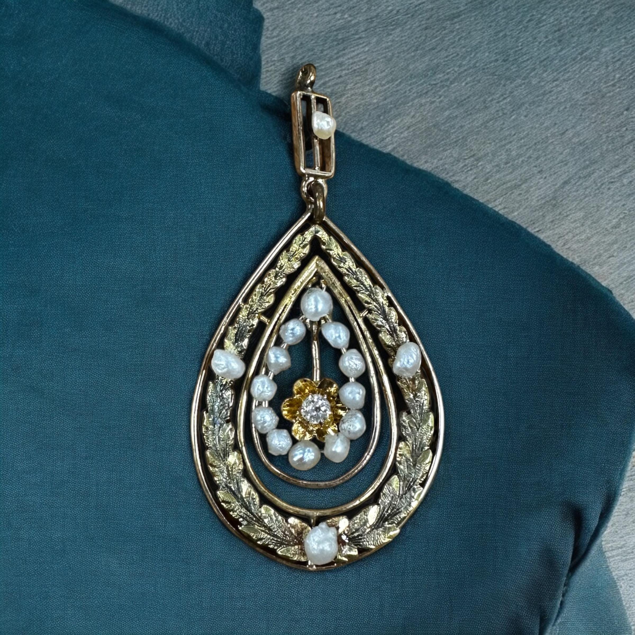 Elegant 14K Yellow & Green Gold Diamond Pearl Pendant, Antique Edwardian Jewelry