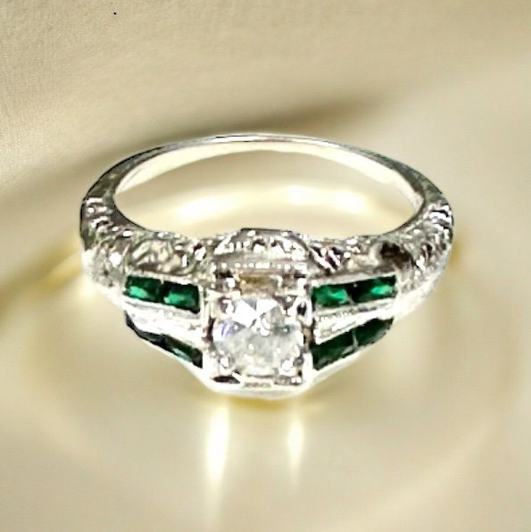 White Gold Diamond and Synthetic Emerald Filigree Engagement Ring