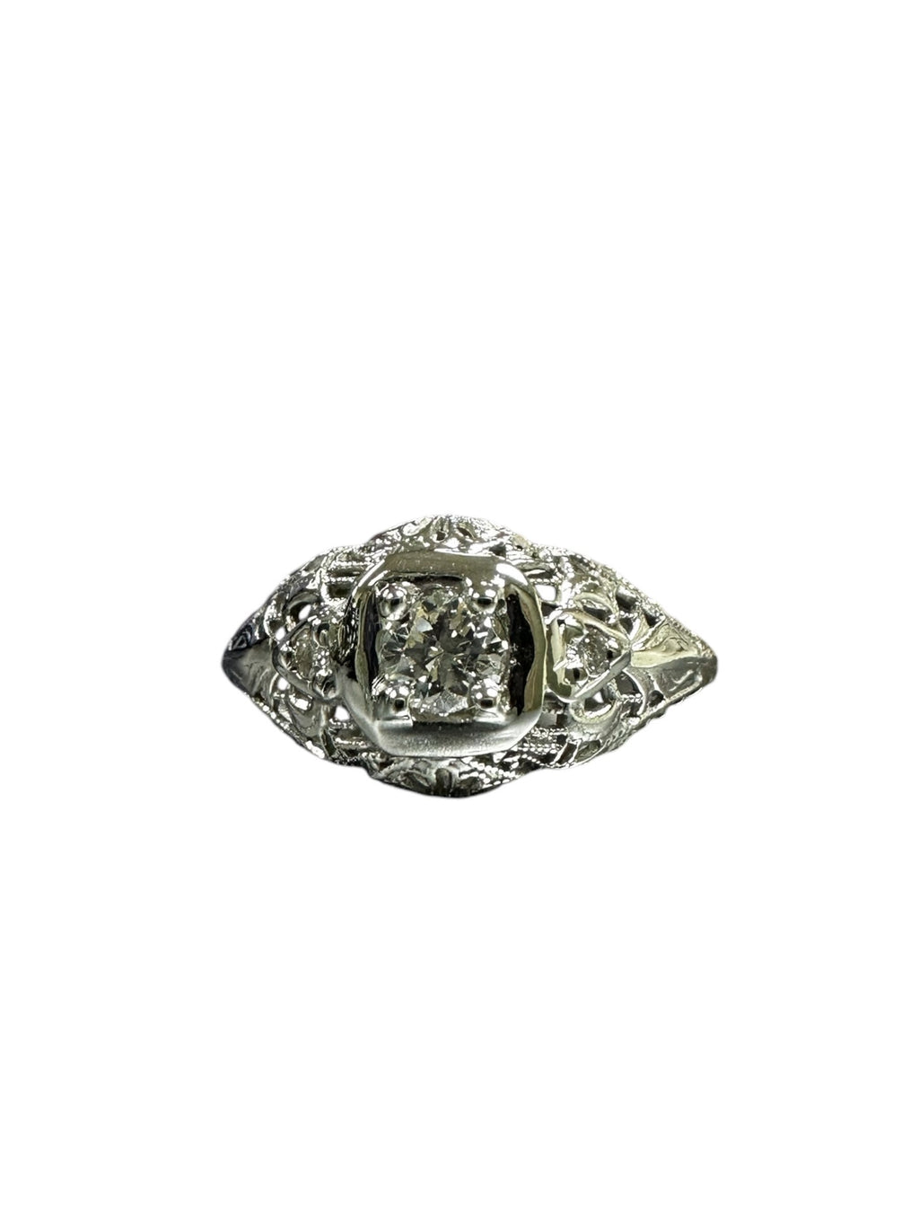 Vintage 18K White Gold Diamond Ring - Elegant Edwardian Filigree