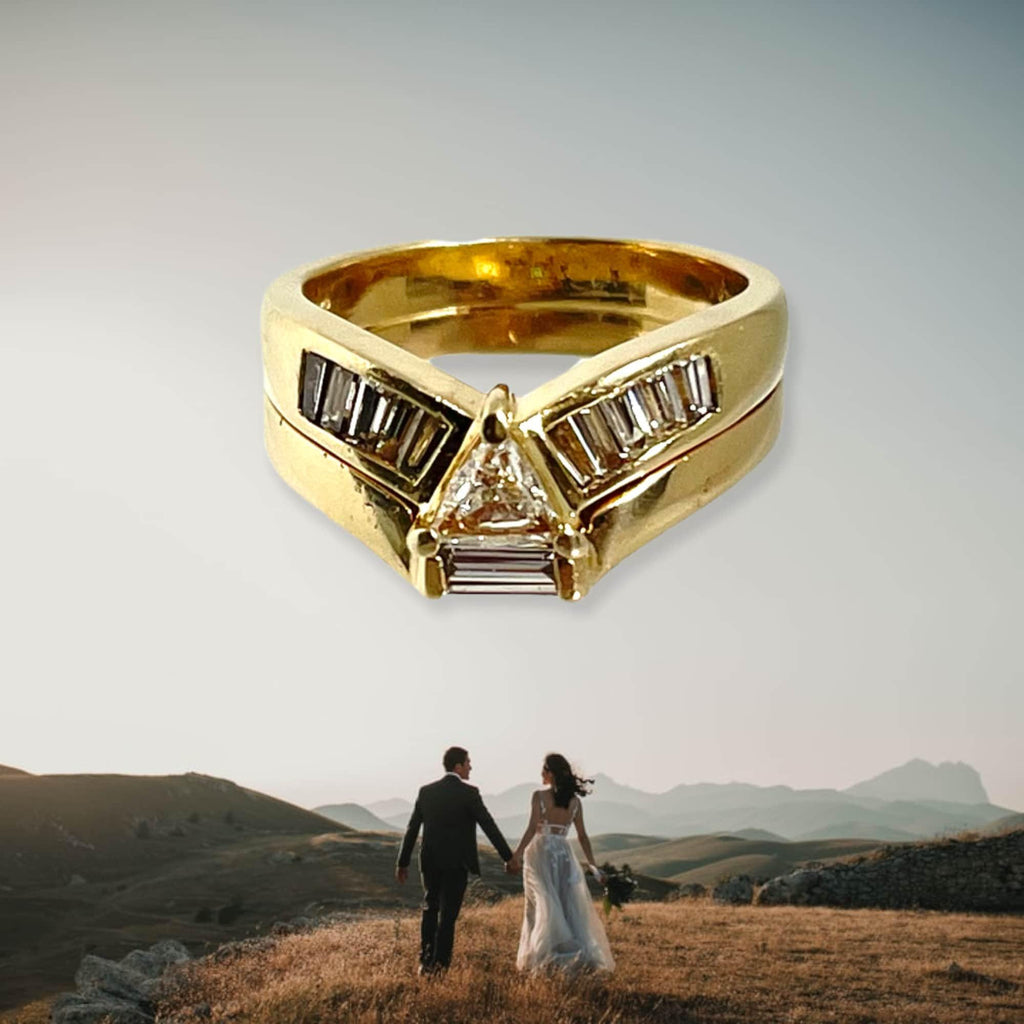 Vintage 14k Yellow Gold Trilliant Diamond Wedding Set