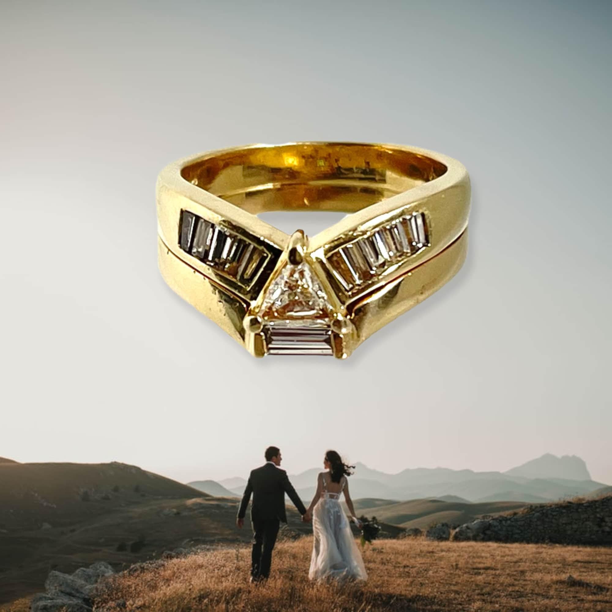 Vintage 14k Yellow Gold Trilliant Diamond Wedding Set