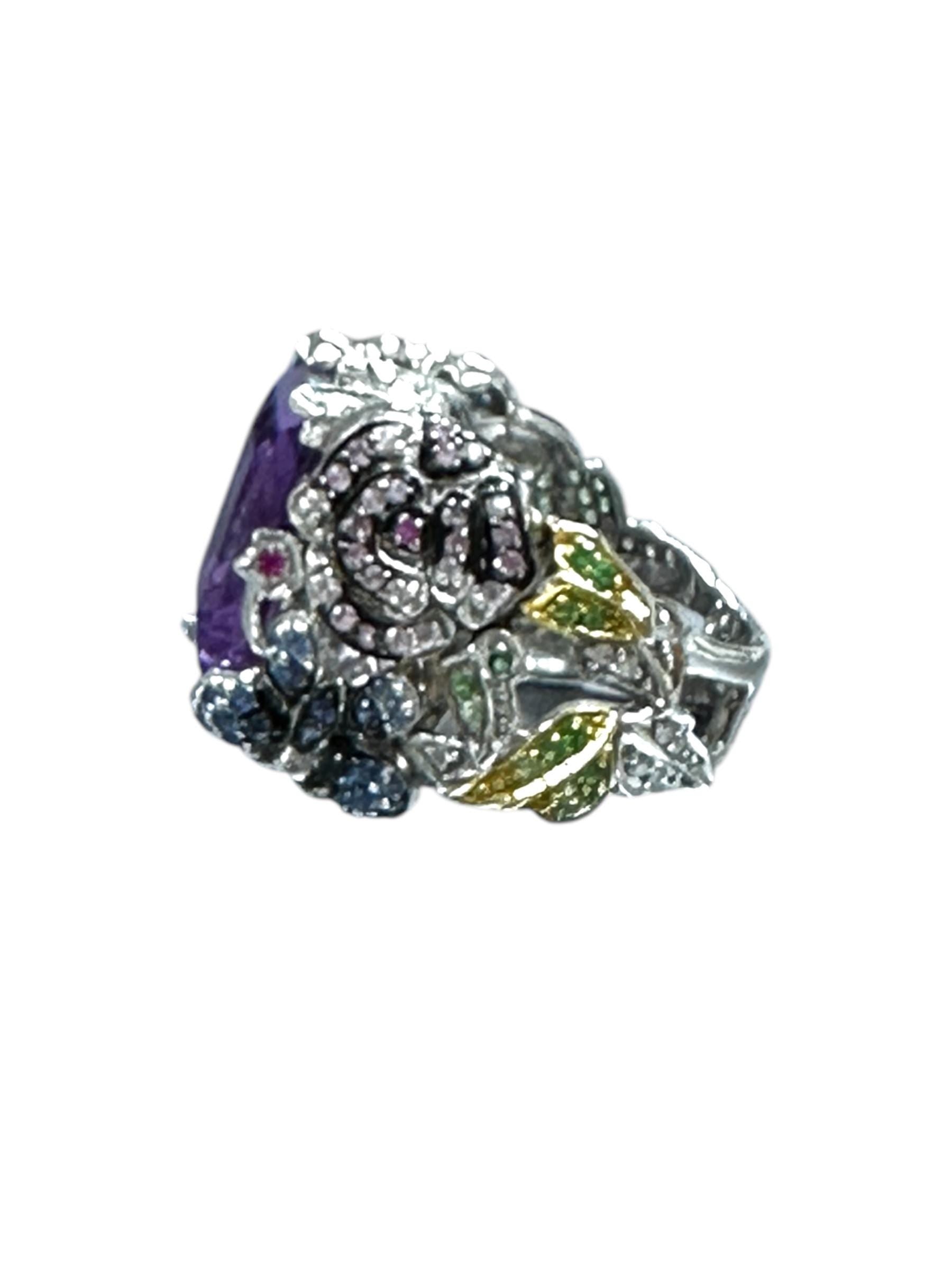 18K White Gold Amethyst Cocktail Ring: Sapphire, Ruby, Diamond Butterfly Flower Ring