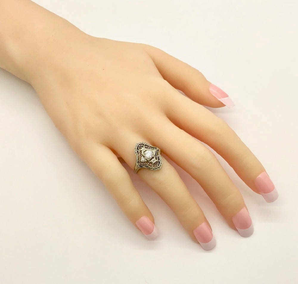 18K White Gold Diamond Filigree Ring: Edwardian Antique Jewelry