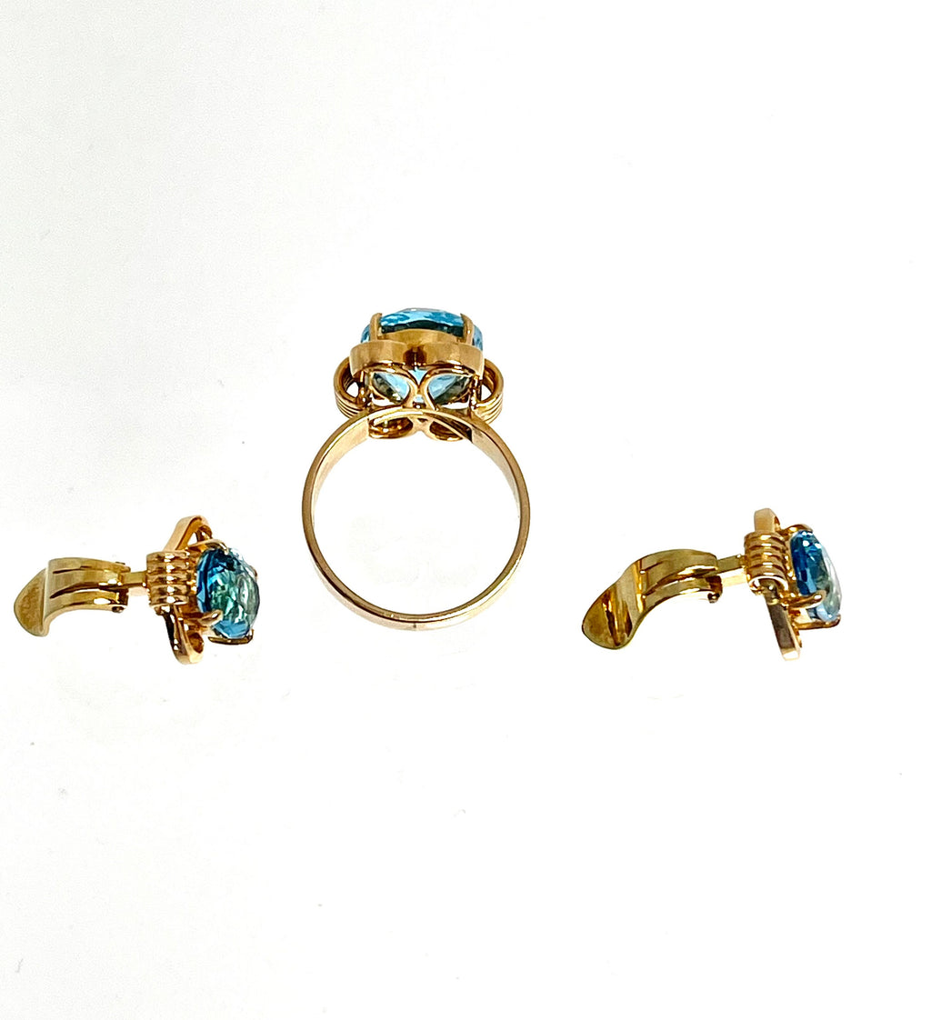 Vintage 14 Karat Yellow Gold Blue Topaz ring and Clip on Earring Set