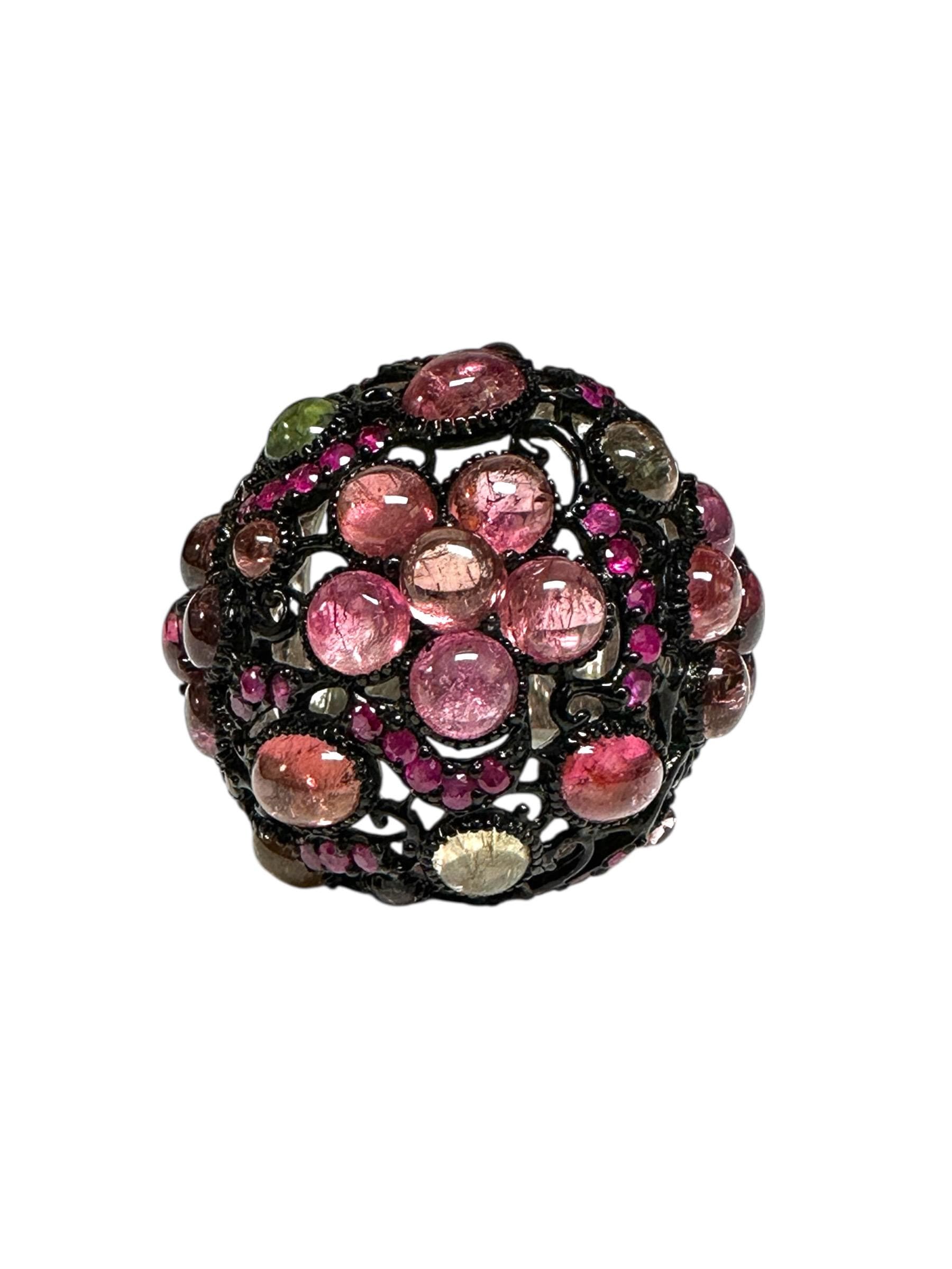 Oxidized Sterling Silver Dome Tourmaline and Ruby Ring, Cabochon Multi-Stone Design