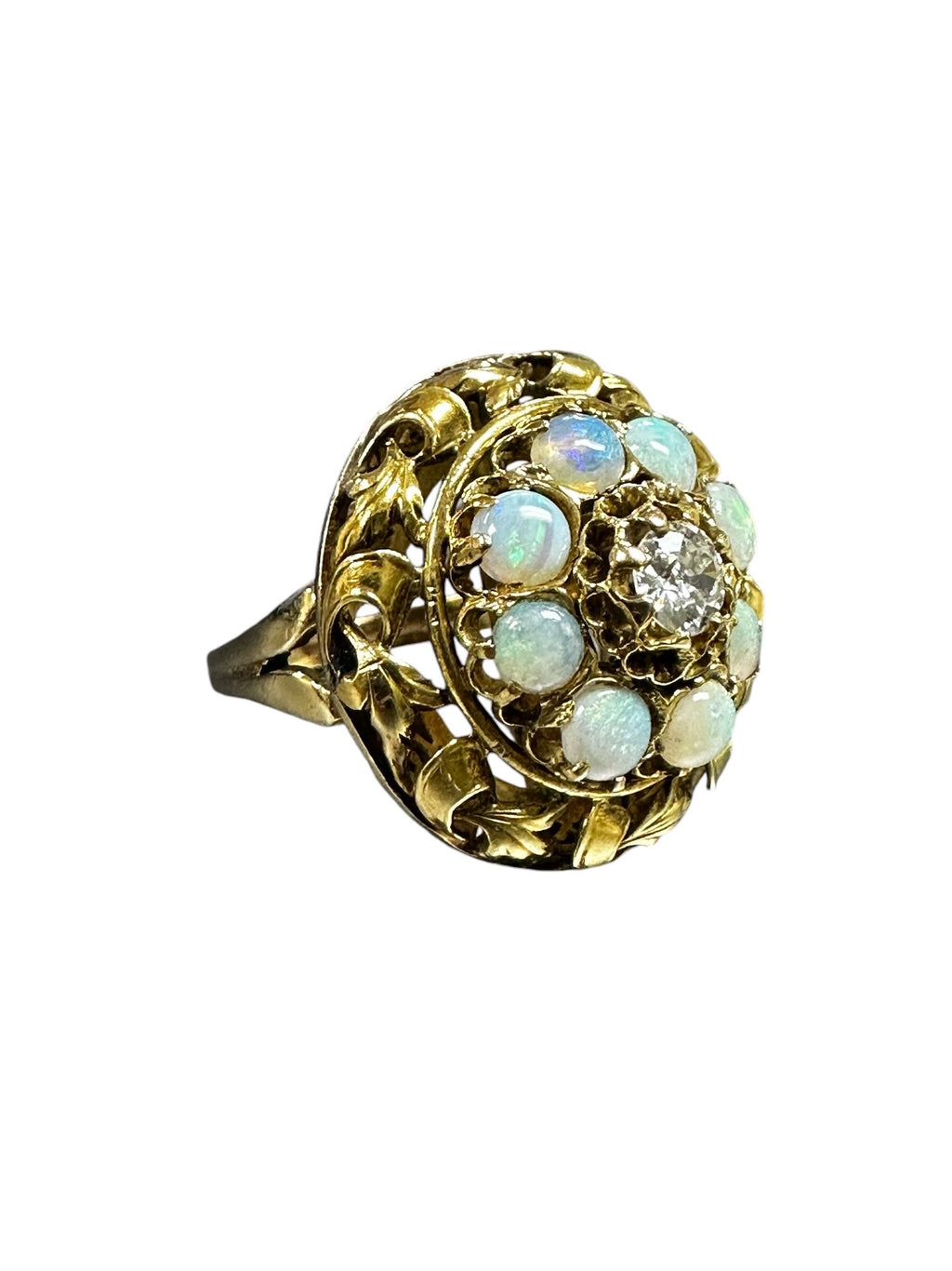 Yellow Gold Opal Diamond Ring: Floral Estate Jewelry